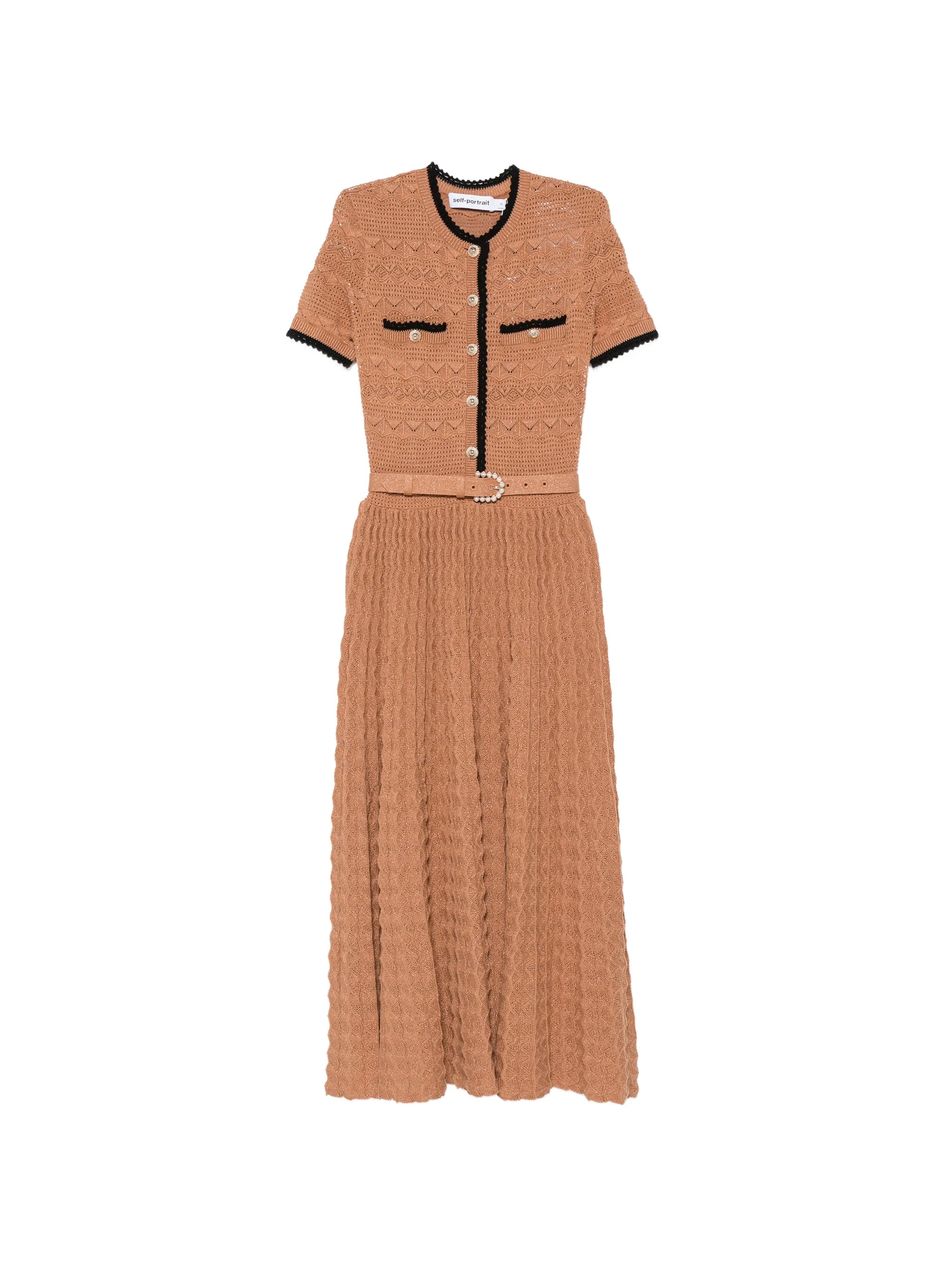 belted crochet-knit midi dress