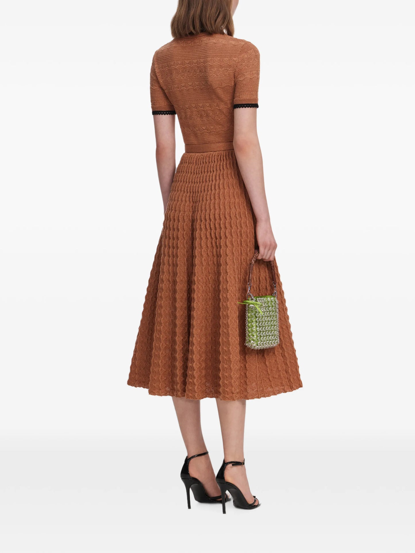 brown pointelle-knit midi dress