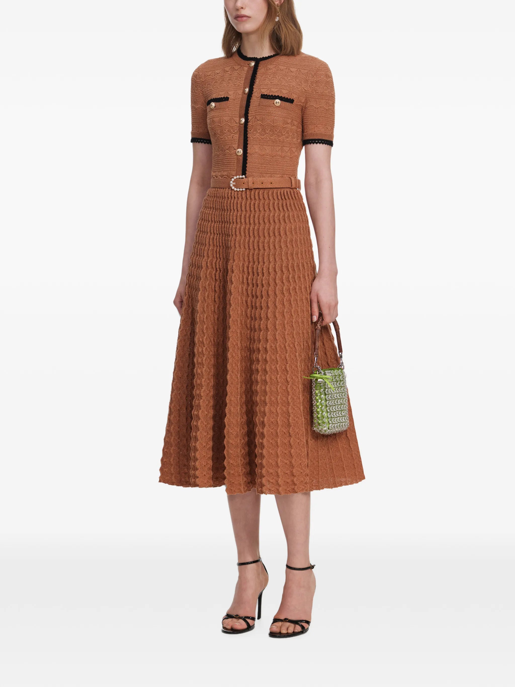 brown pointelle-knit midi dress