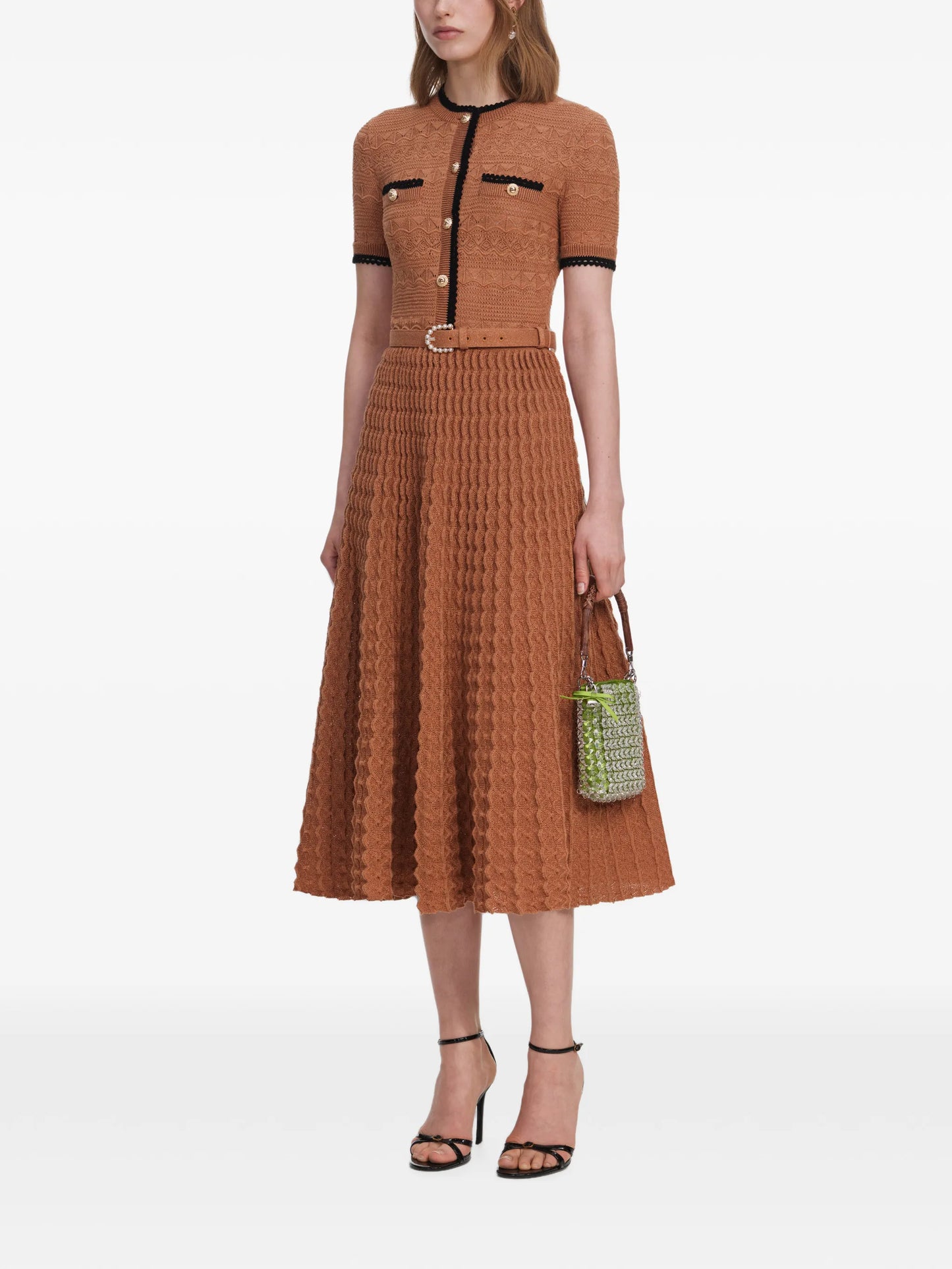 brown pointelle-knit midi dress