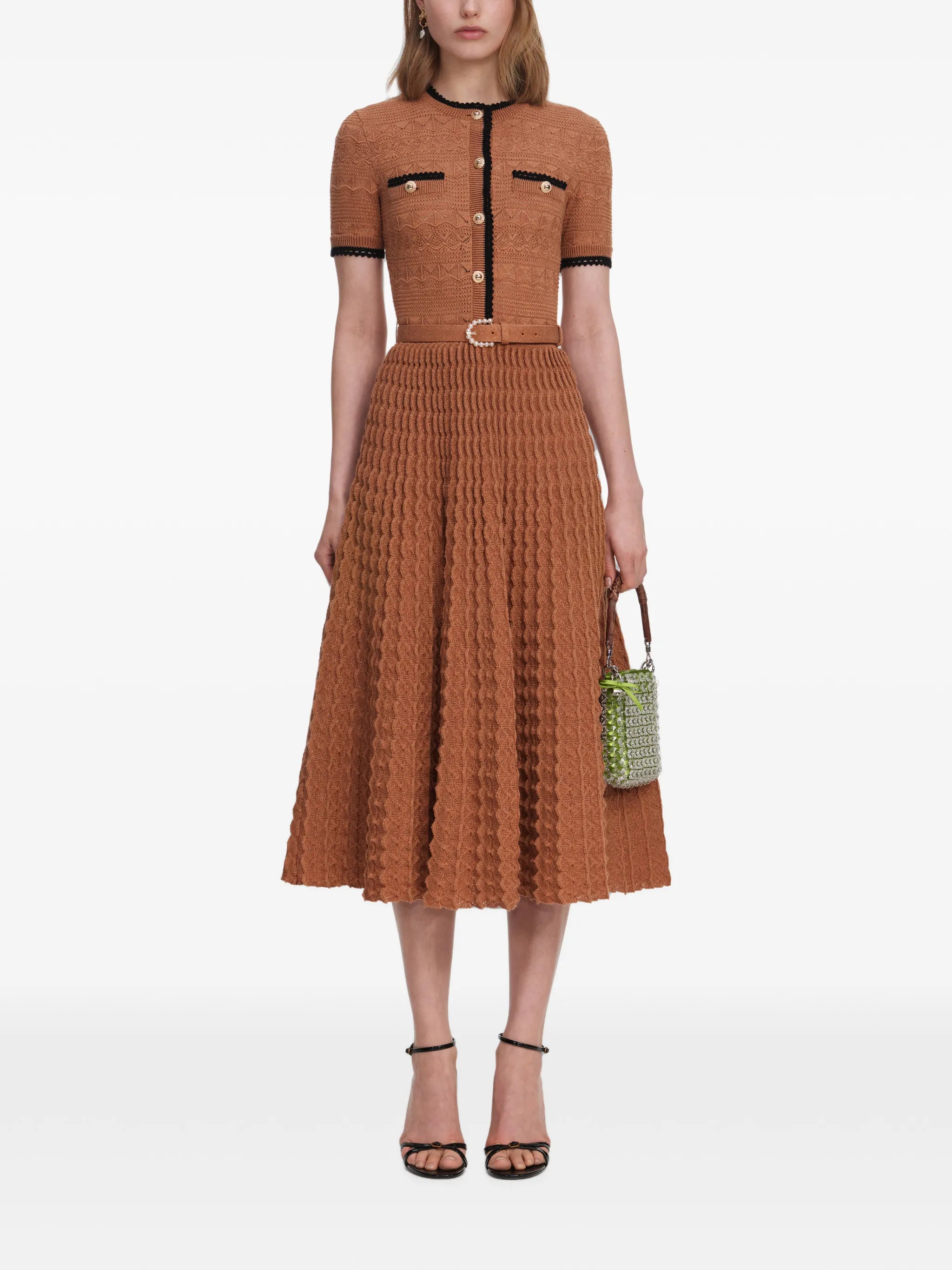 brown pointelle-knit midi dress