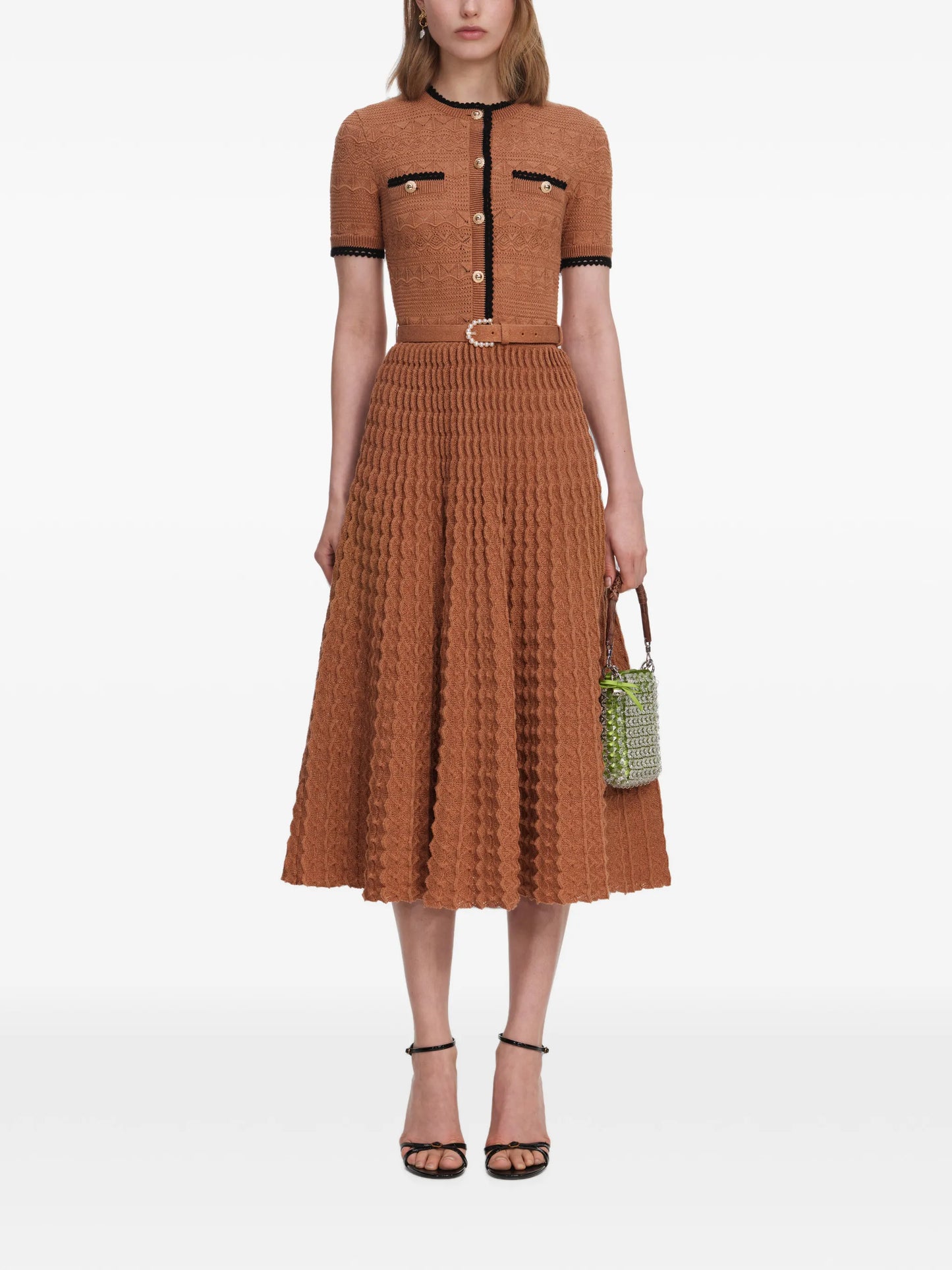 brown pointelle-knit midi dress