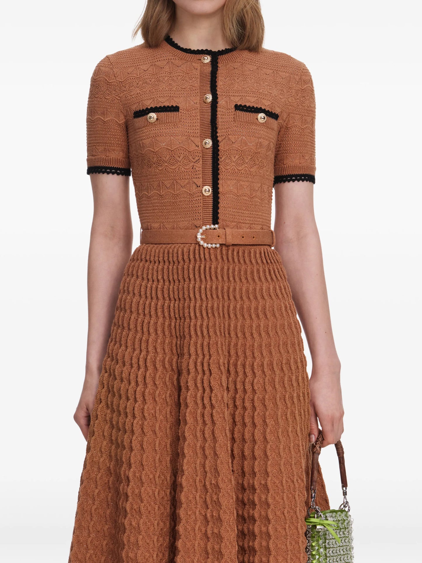 brown pointelle-knit midi dress