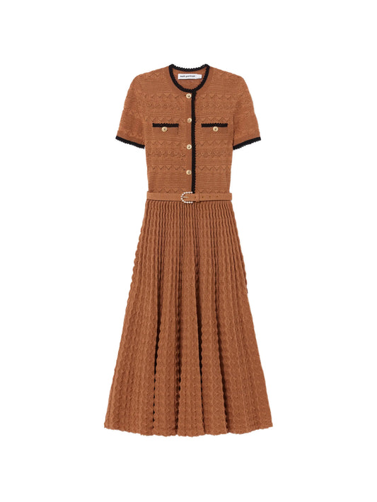 brown pointelle-knit midi dress