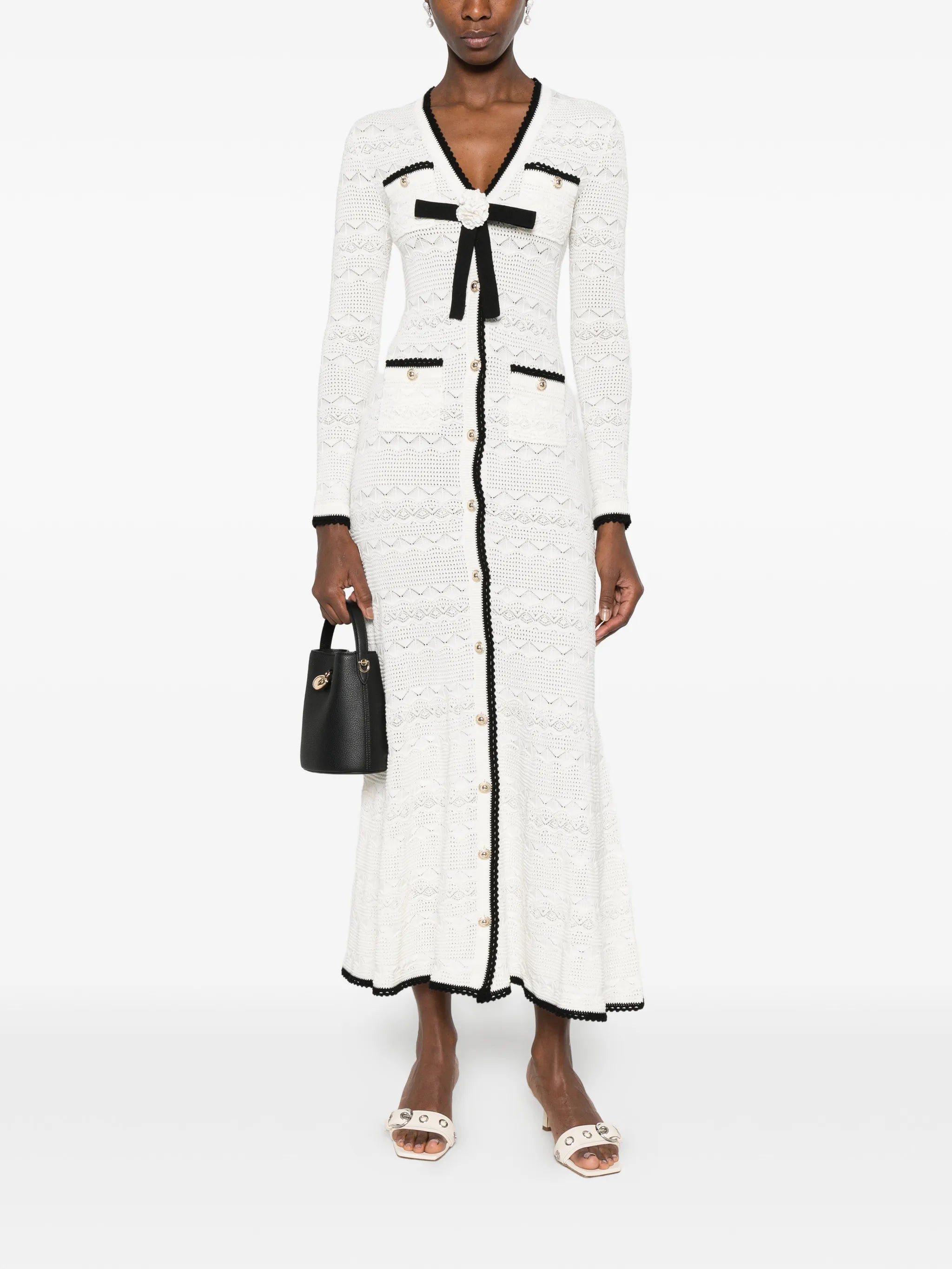 bow-detail pointelle-knit midi dress