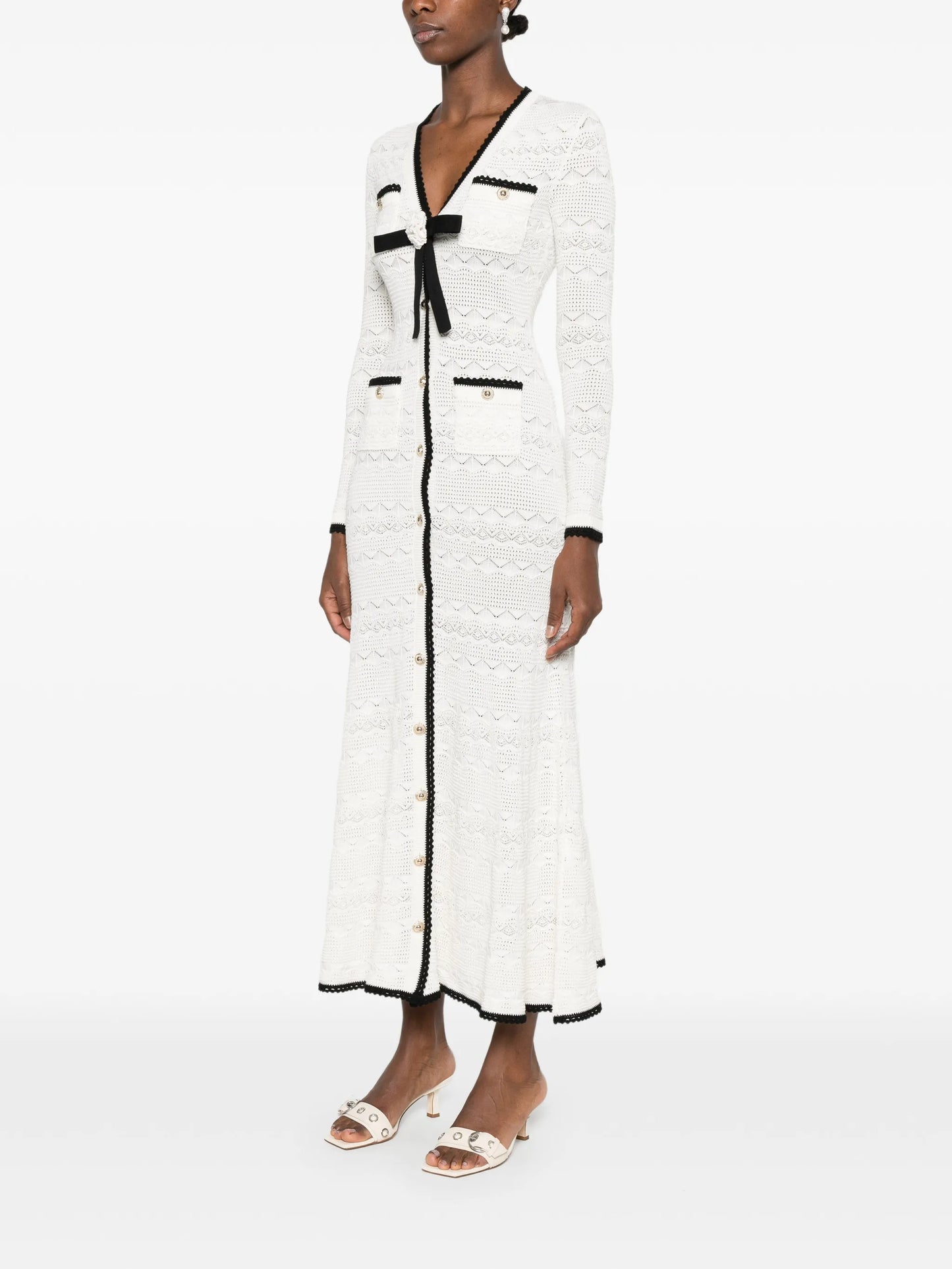 bow-detail pointelle-knit midi dress
