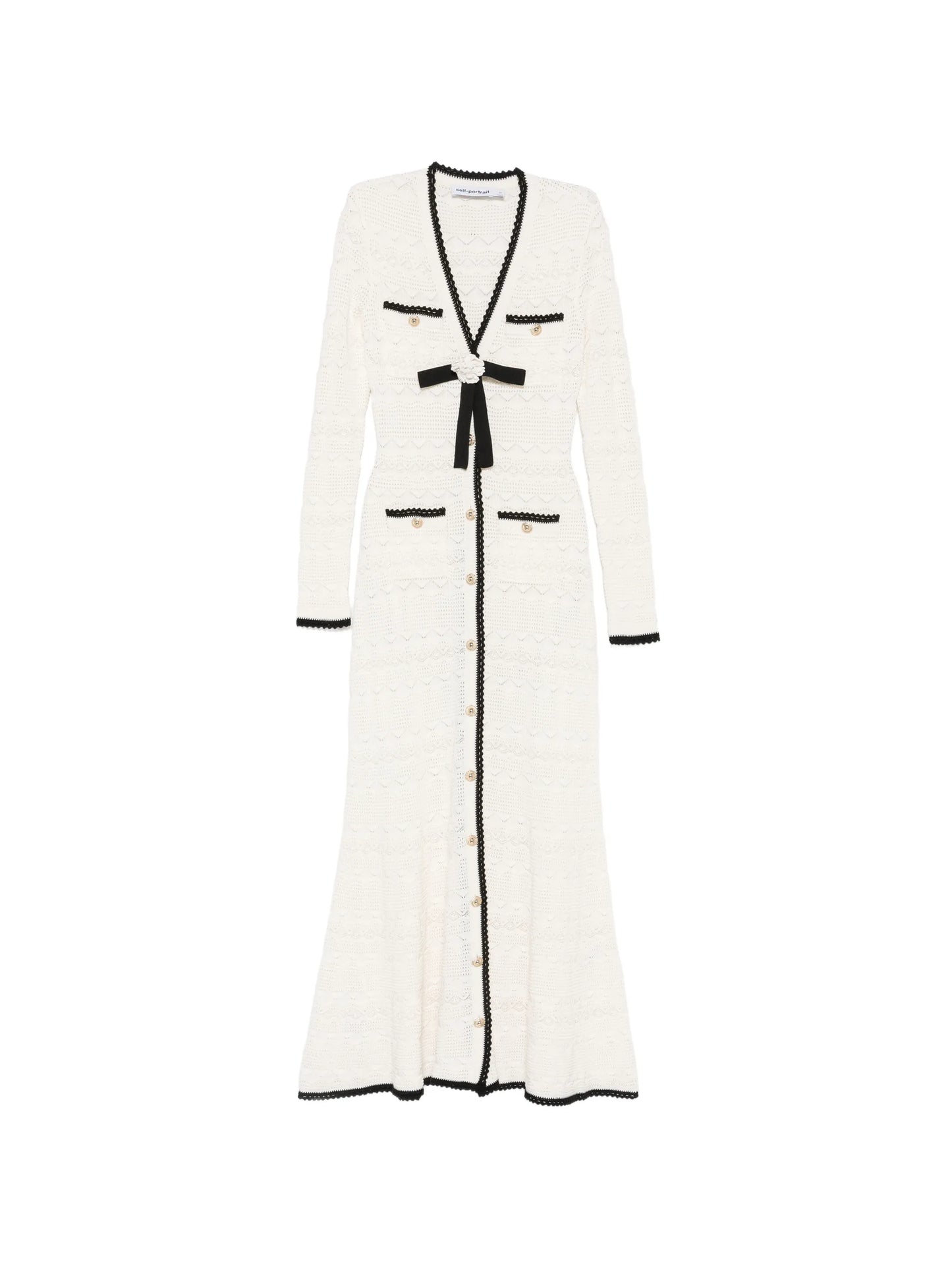 bow-detail pointelle-knit midi dress