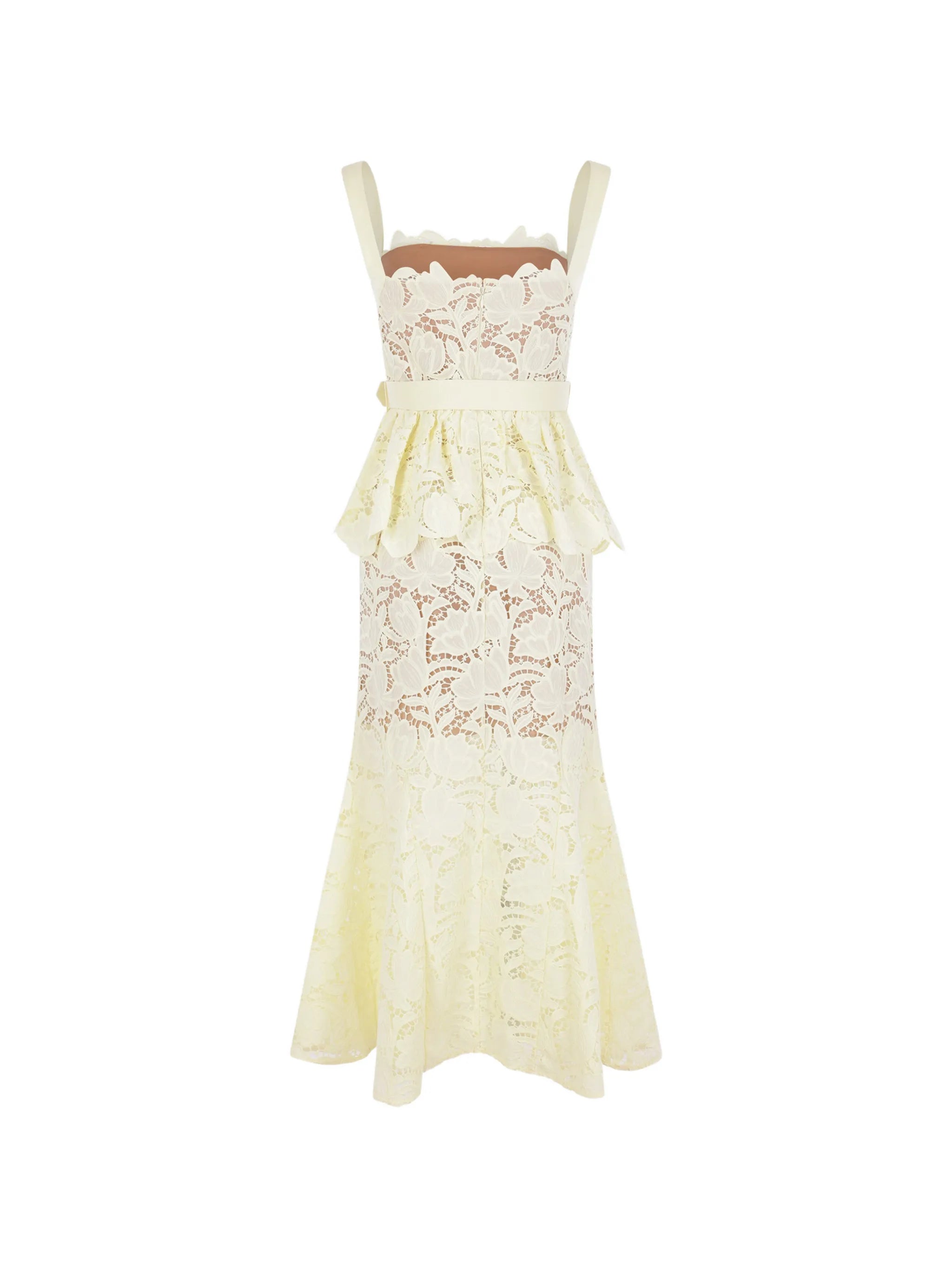 belted peplum lace midi dress