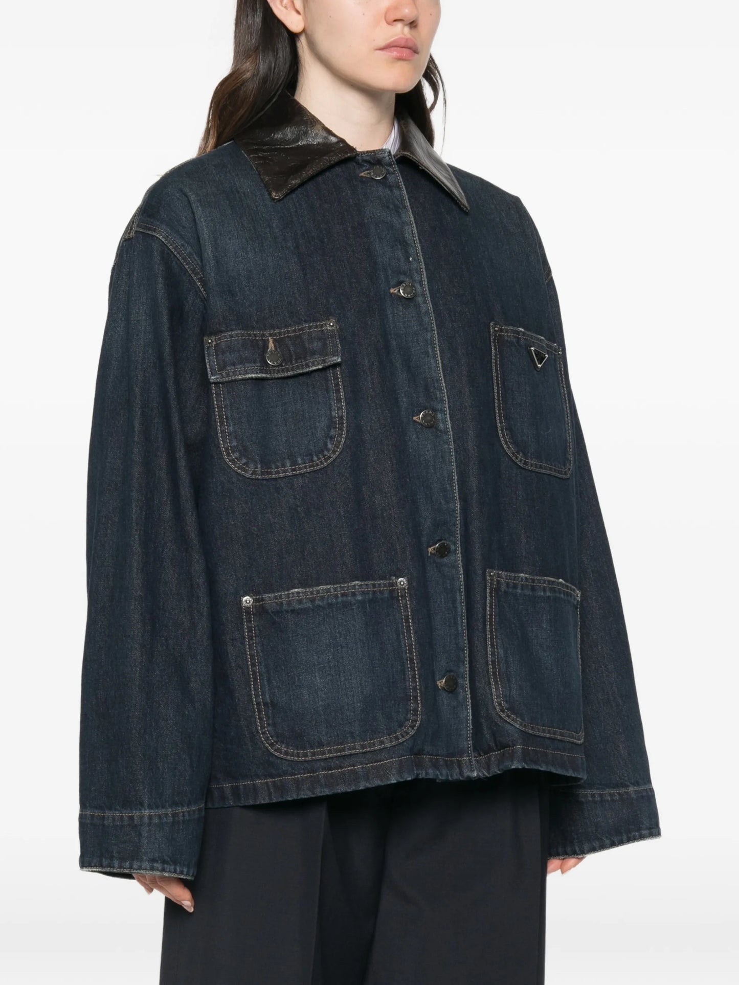 leather-collar patch-pocket denim jacket