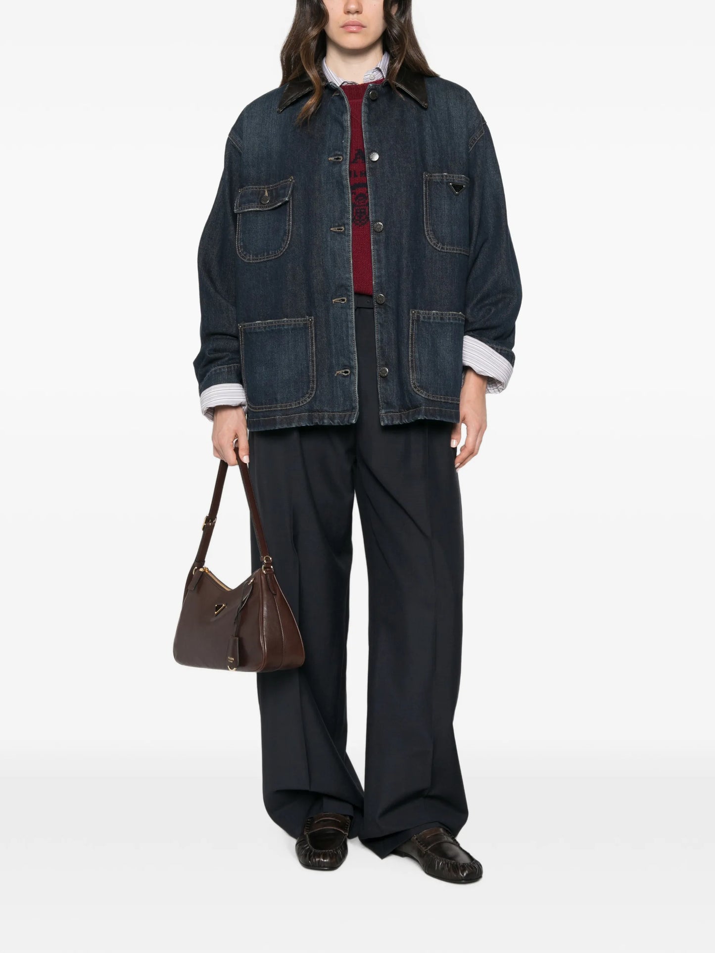 leather-collar patch-pocket denim jacket