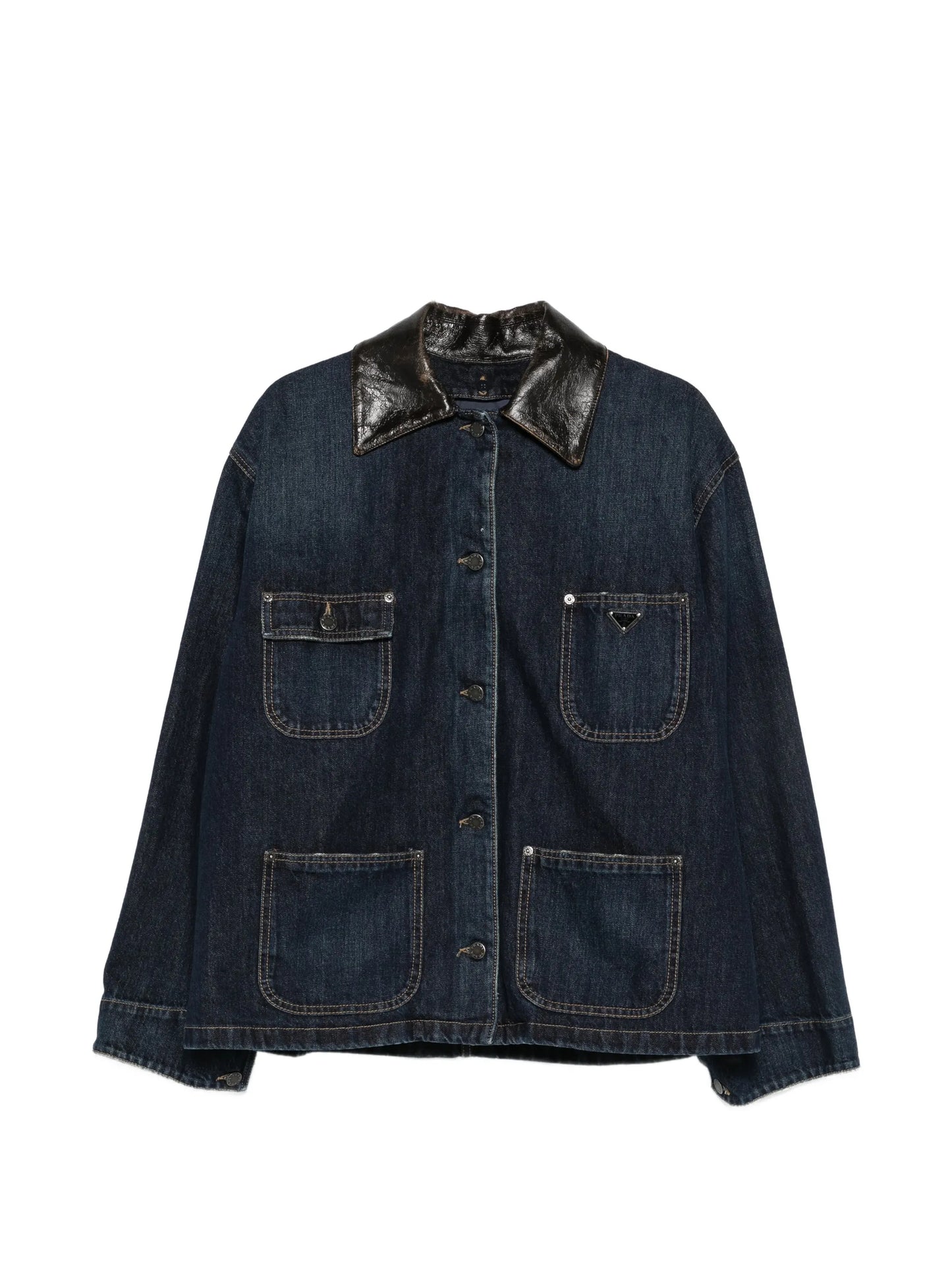 leather-collar patch-pocket denim jacket