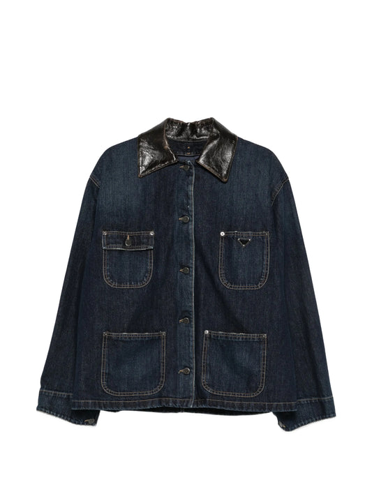 leather-collar patch-pocket denim jacket