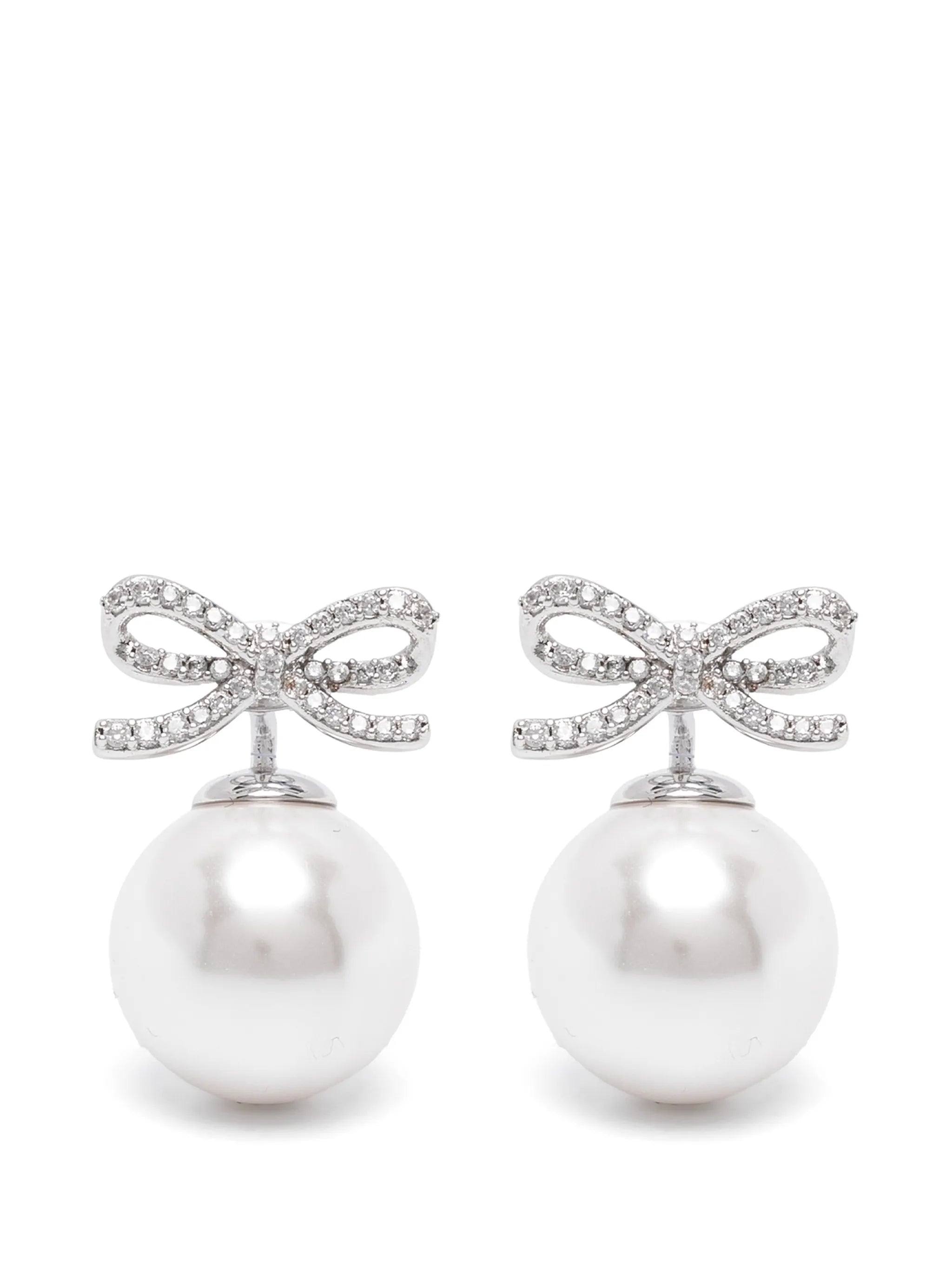 crystal-embellished bow pearl earrings