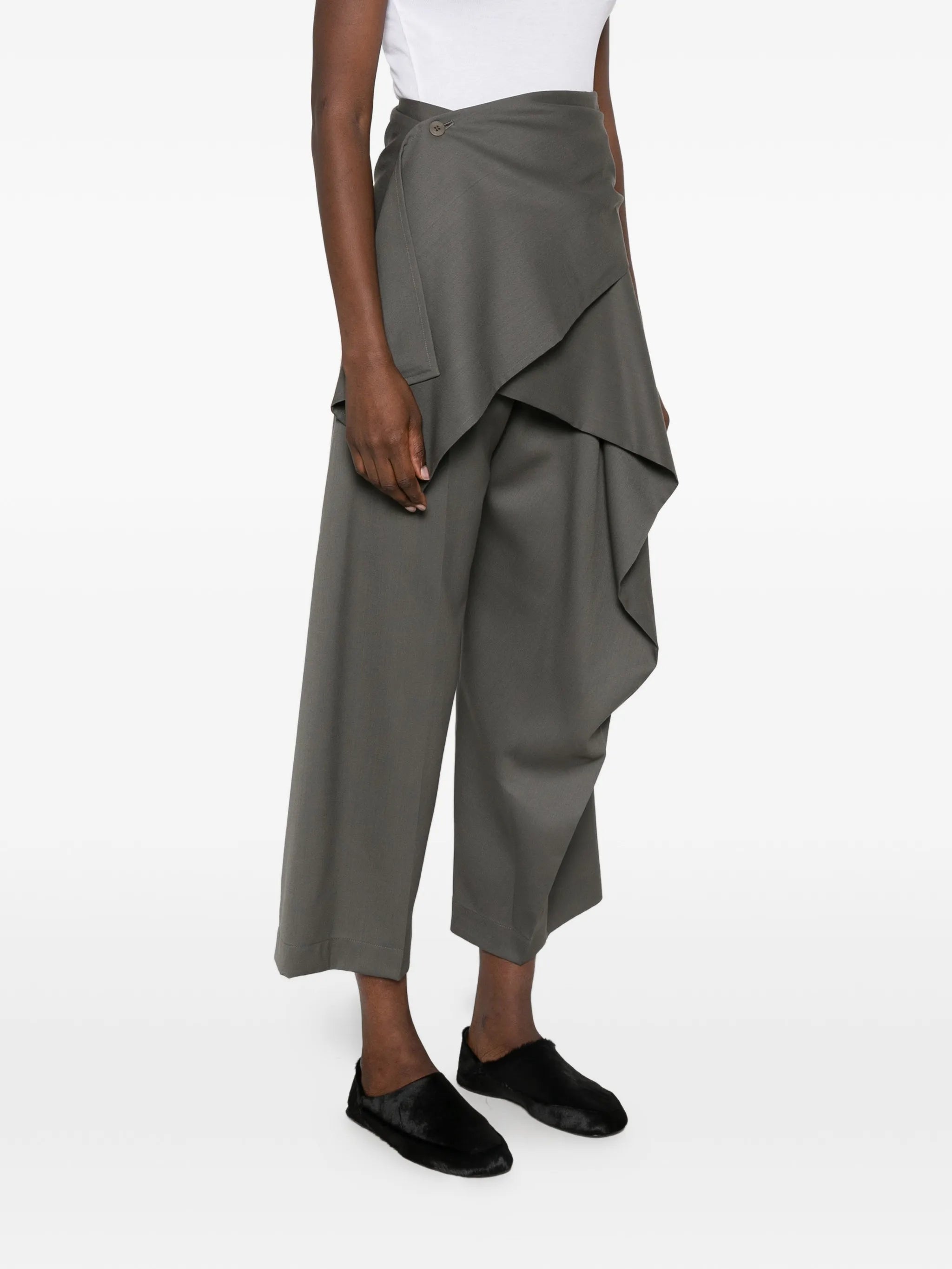 Lustrous asymmetric draped trousers
