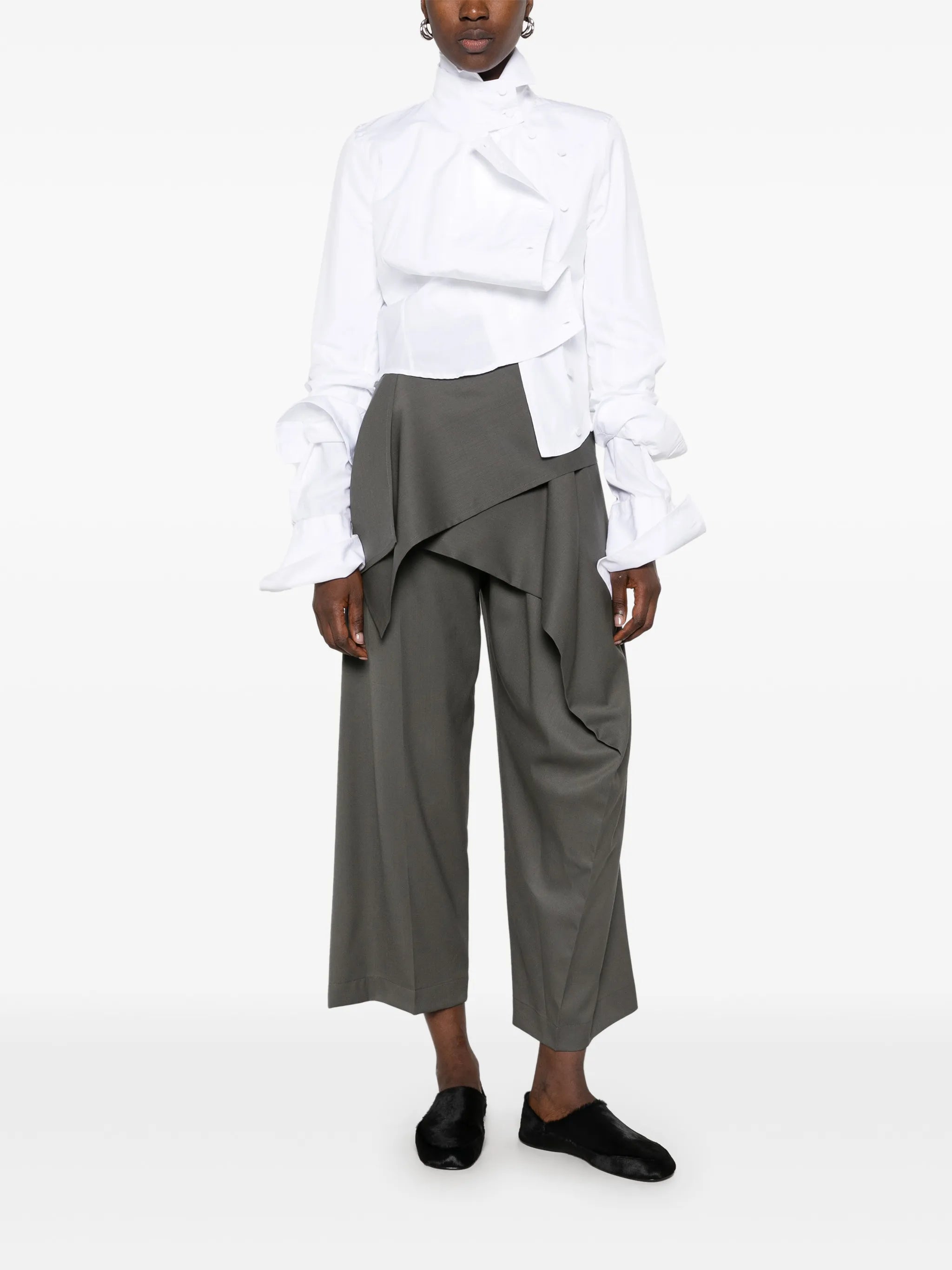 Lustrous asymmetric draped trousers