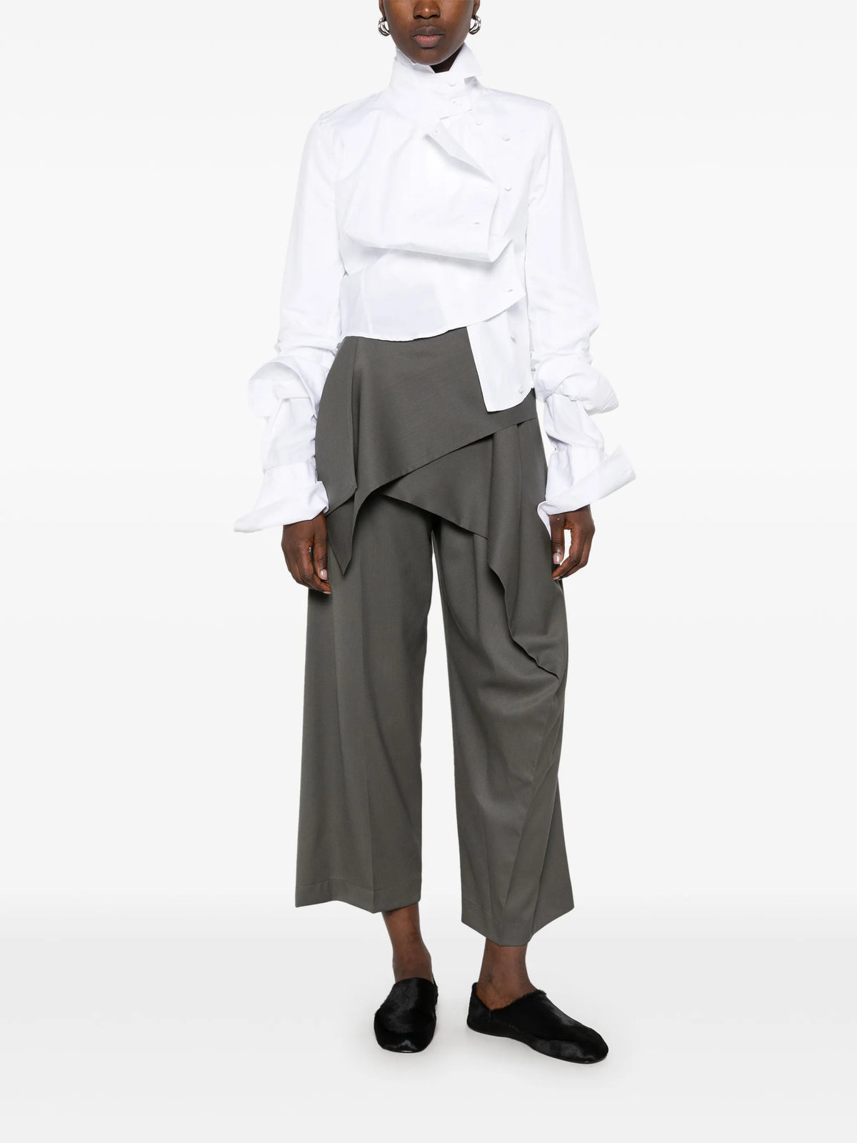 Lustrous asymmetric draped trousers