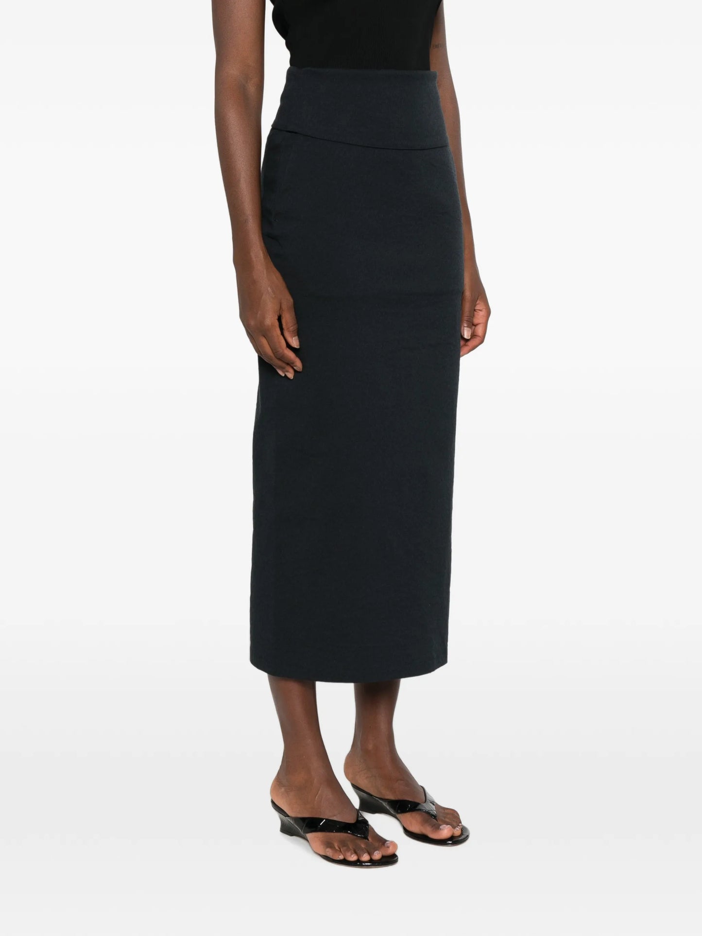 high-waisted zip-back midi skirt