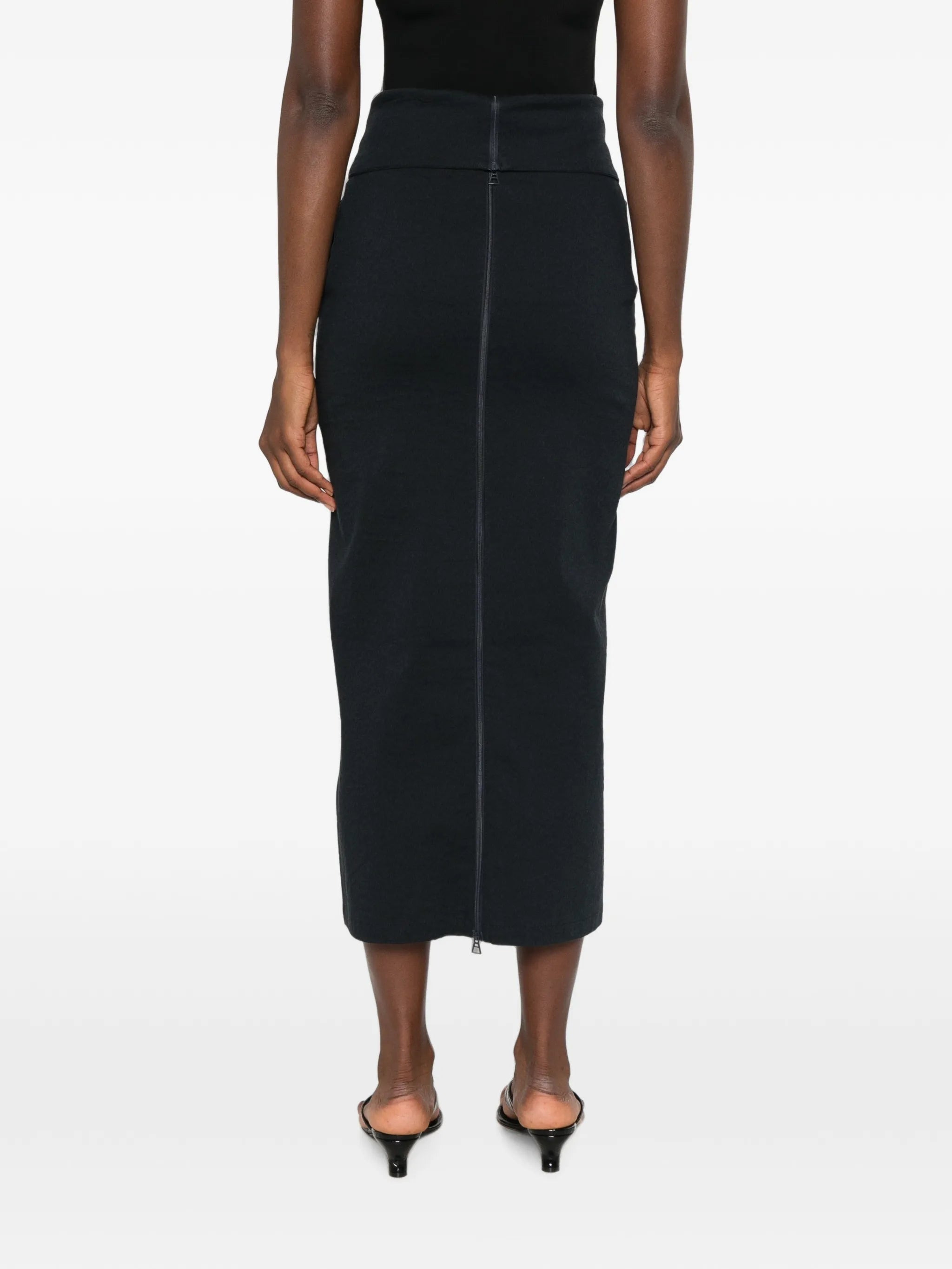 high-waisted zip-back midi skirt