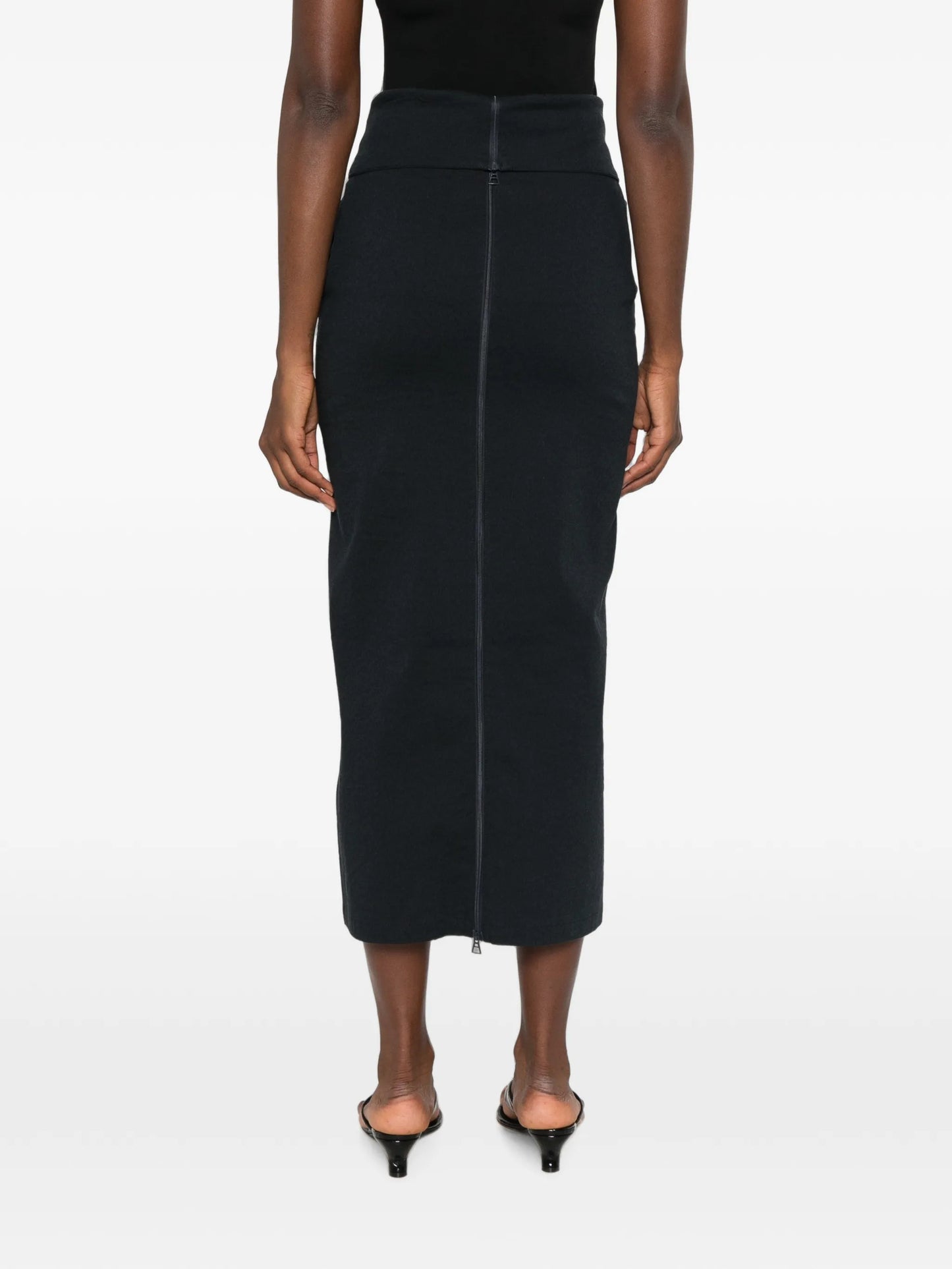 high-waisted zip-back midi skirt