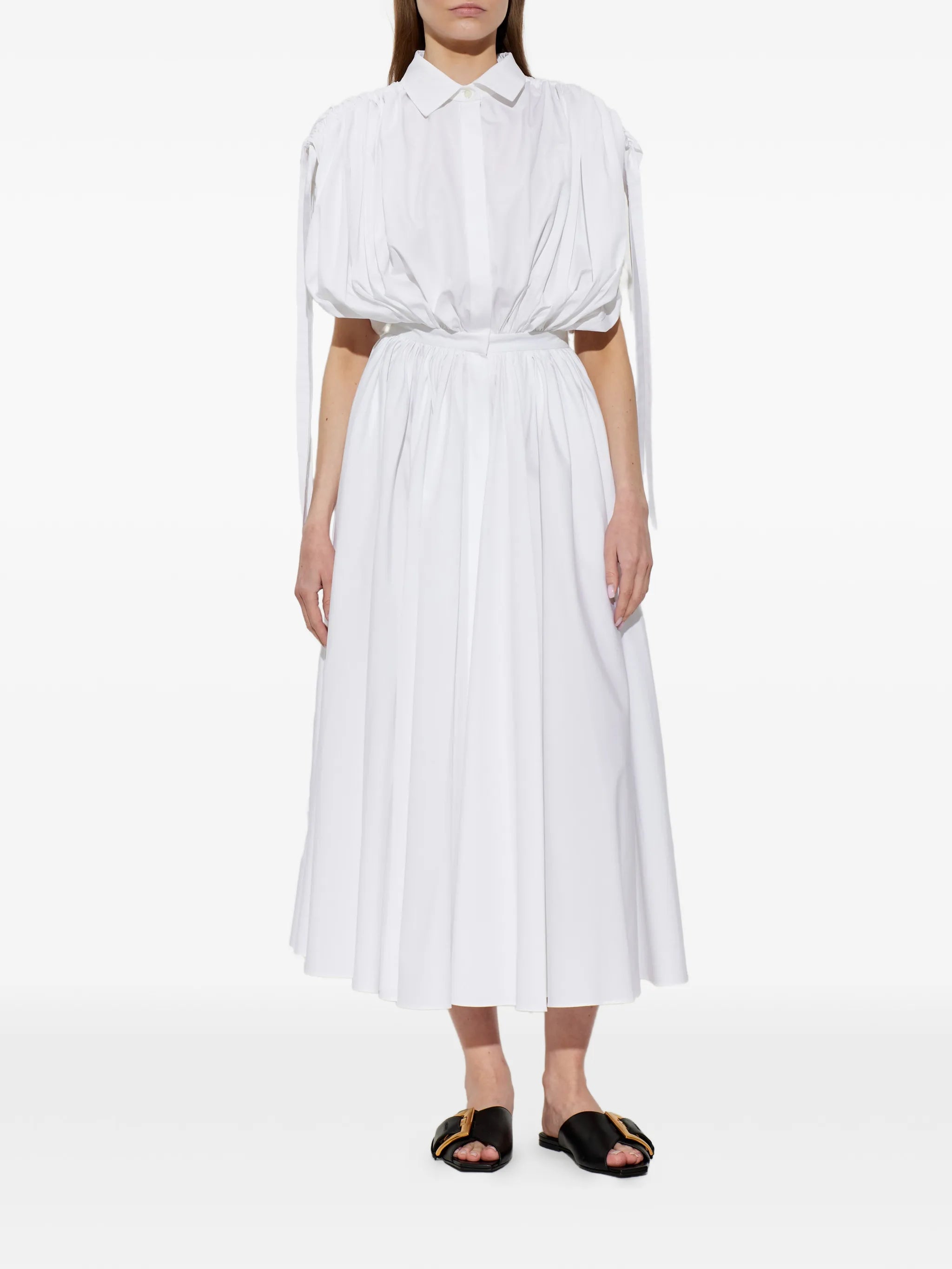 midi gathered-sleeve shirt dress
