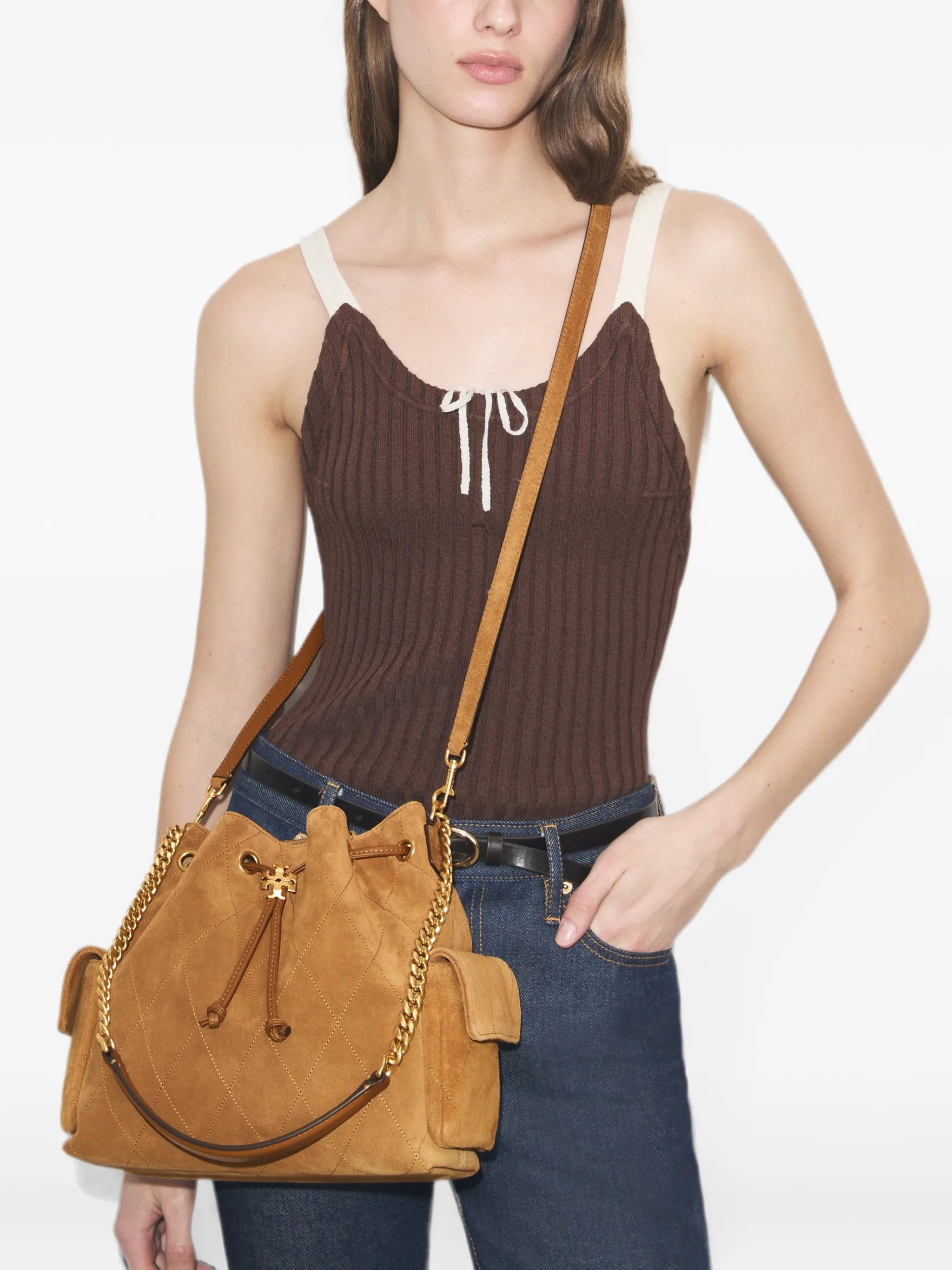 Charlie quilted suede drawstring shoulder bag