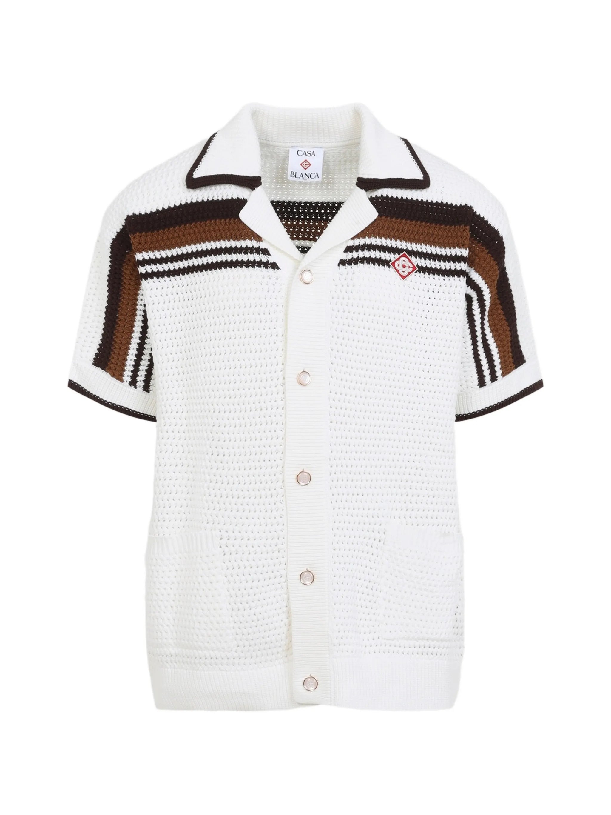 white & brown Tennis Stripe crochet short sleeve shirt