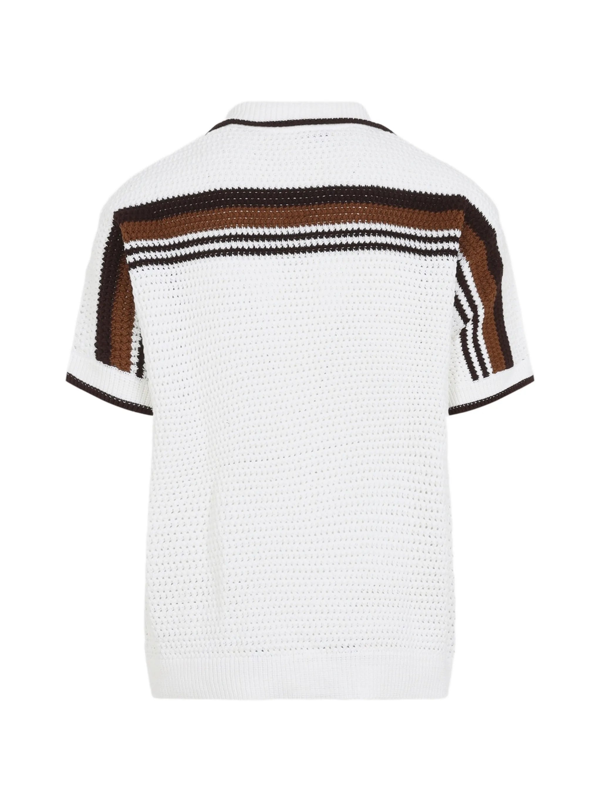 white & brown Tennis Stripe crochet short sleeve shirt