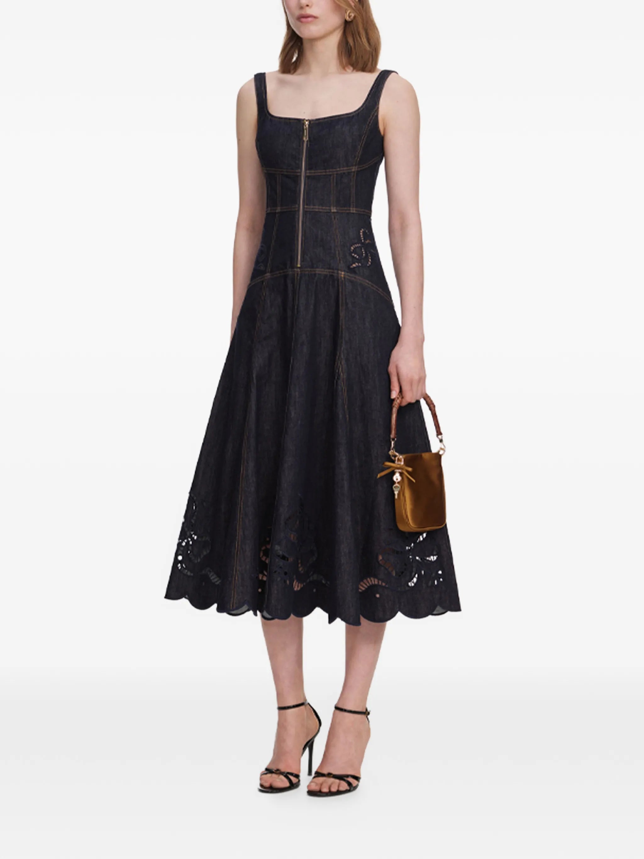 denim bow embroidered midi dress