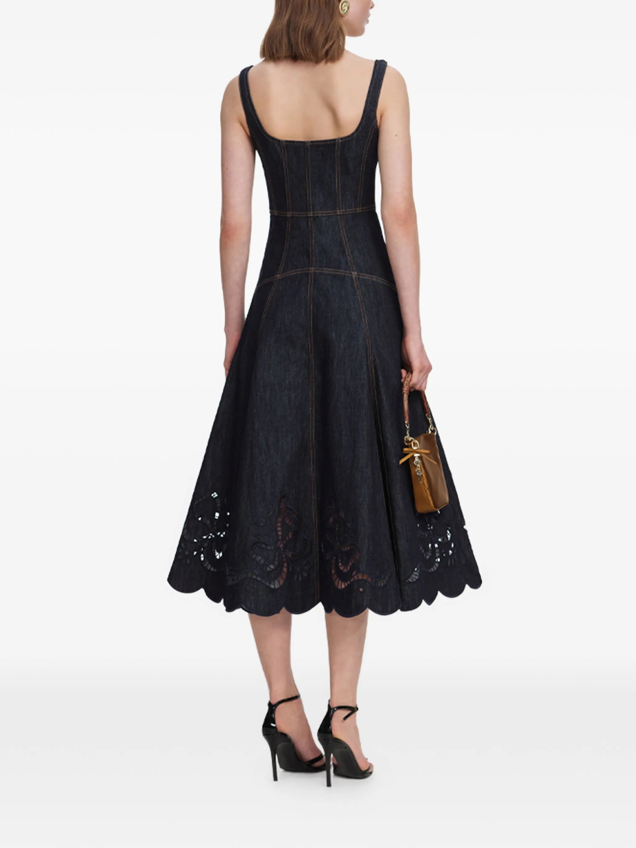 denim bow embroidered midi dress