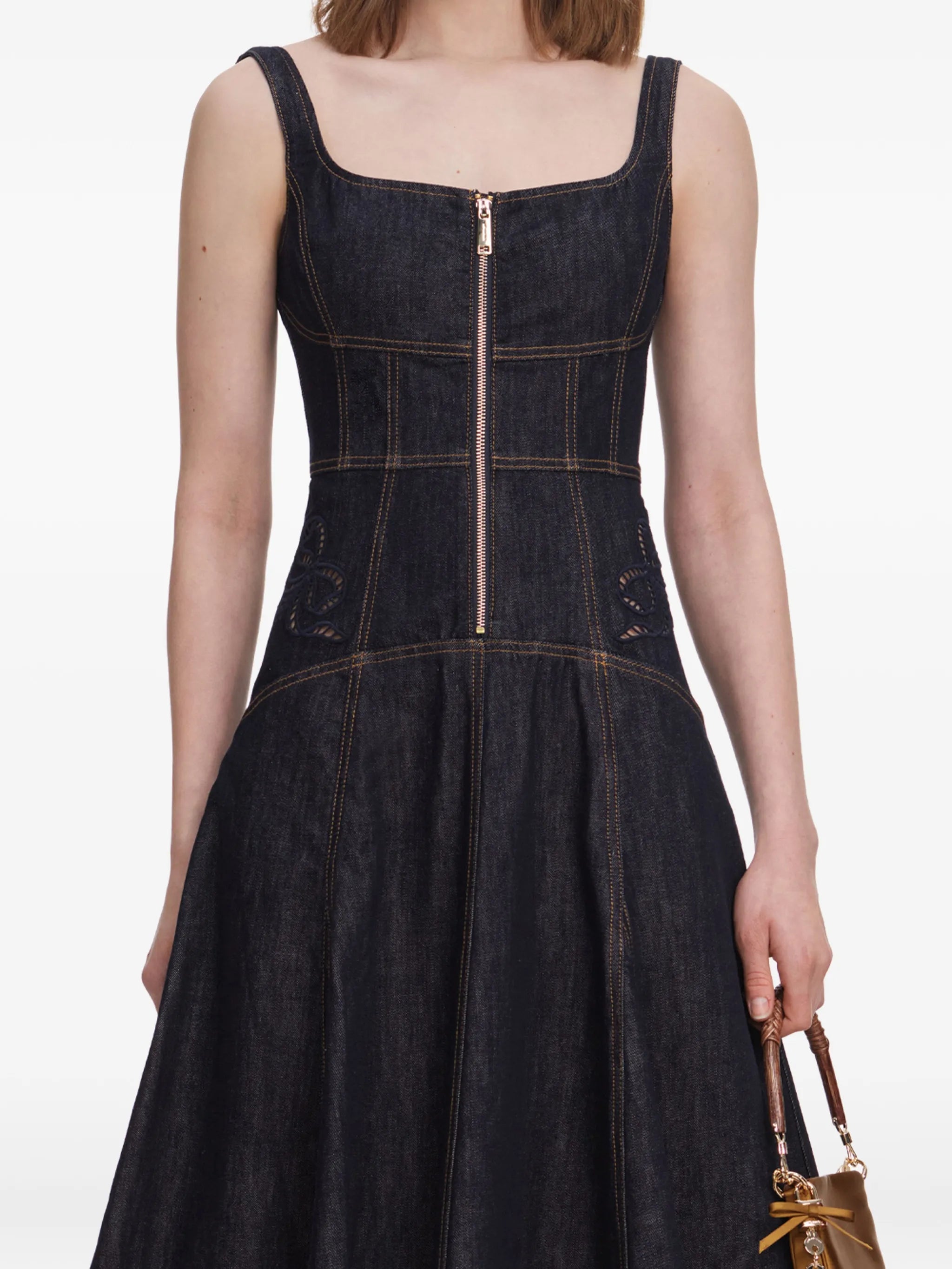 denim bow embroidered midi dress