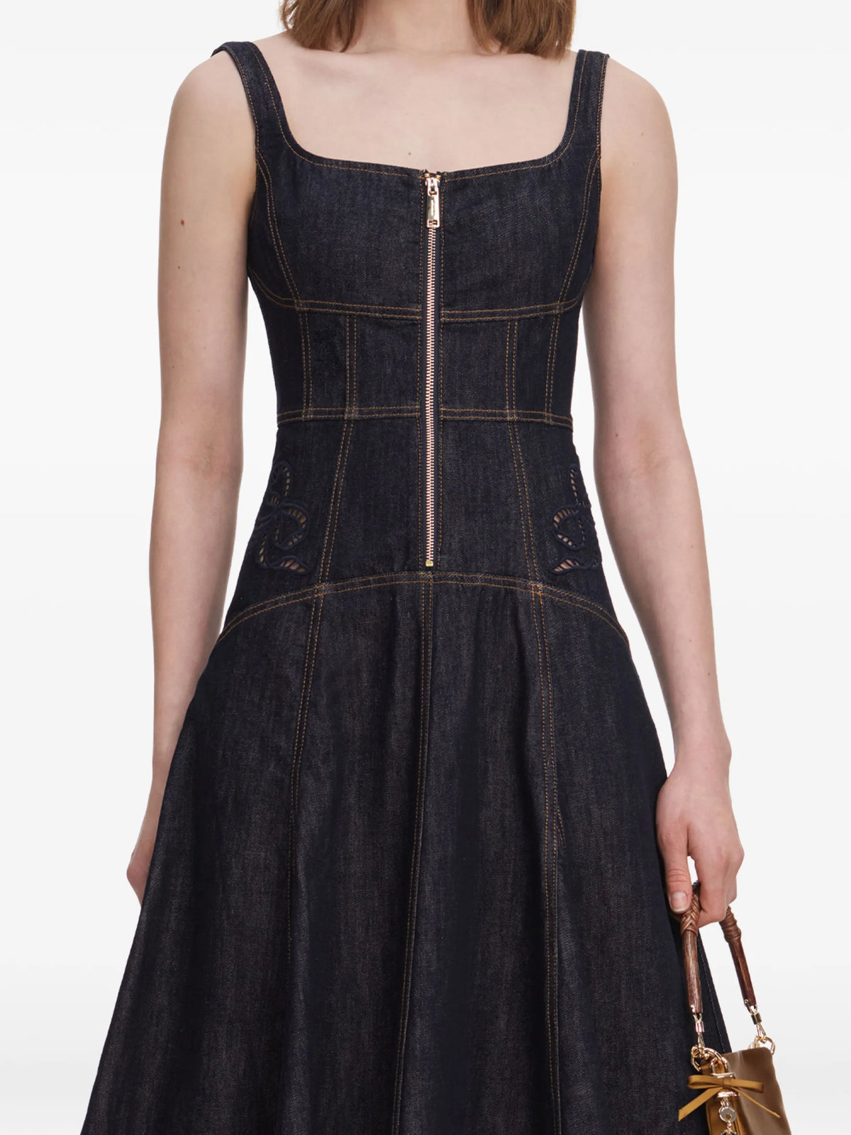 denim bow embroidered midi dress
