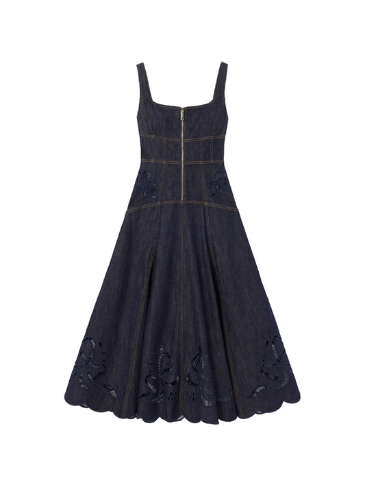 broderie-anglaise flared-hem midi dress