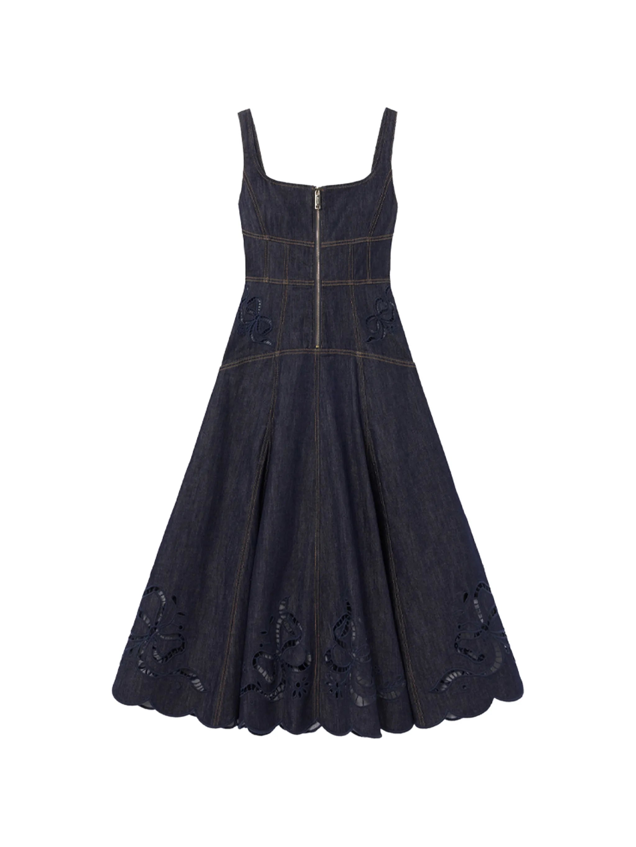 denim bow embroidered midi dress