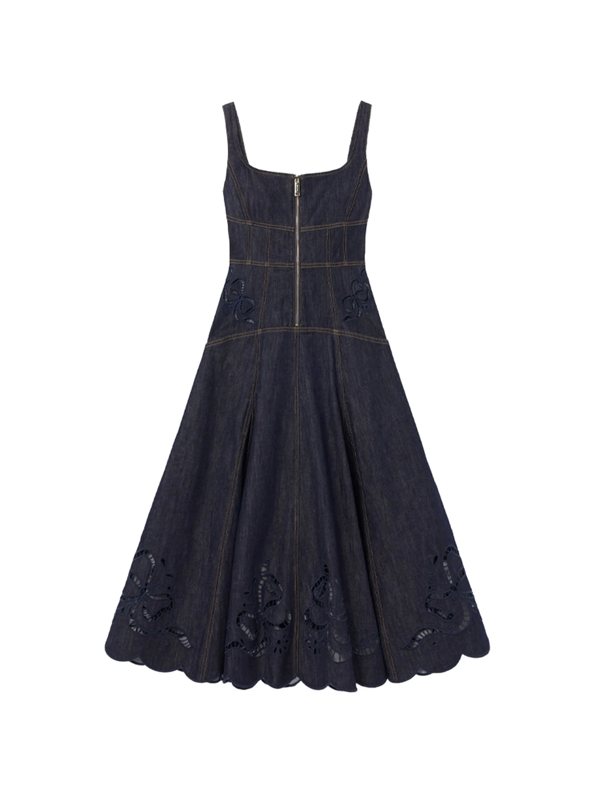 denim bow embroidered midi dress