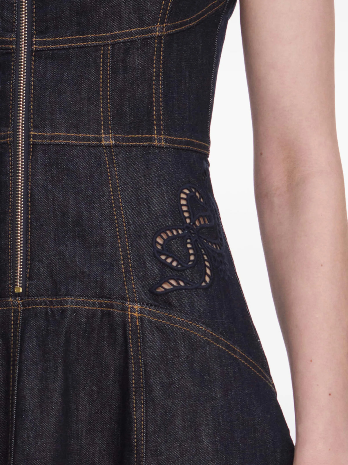 denim bow embroidered midi dress
