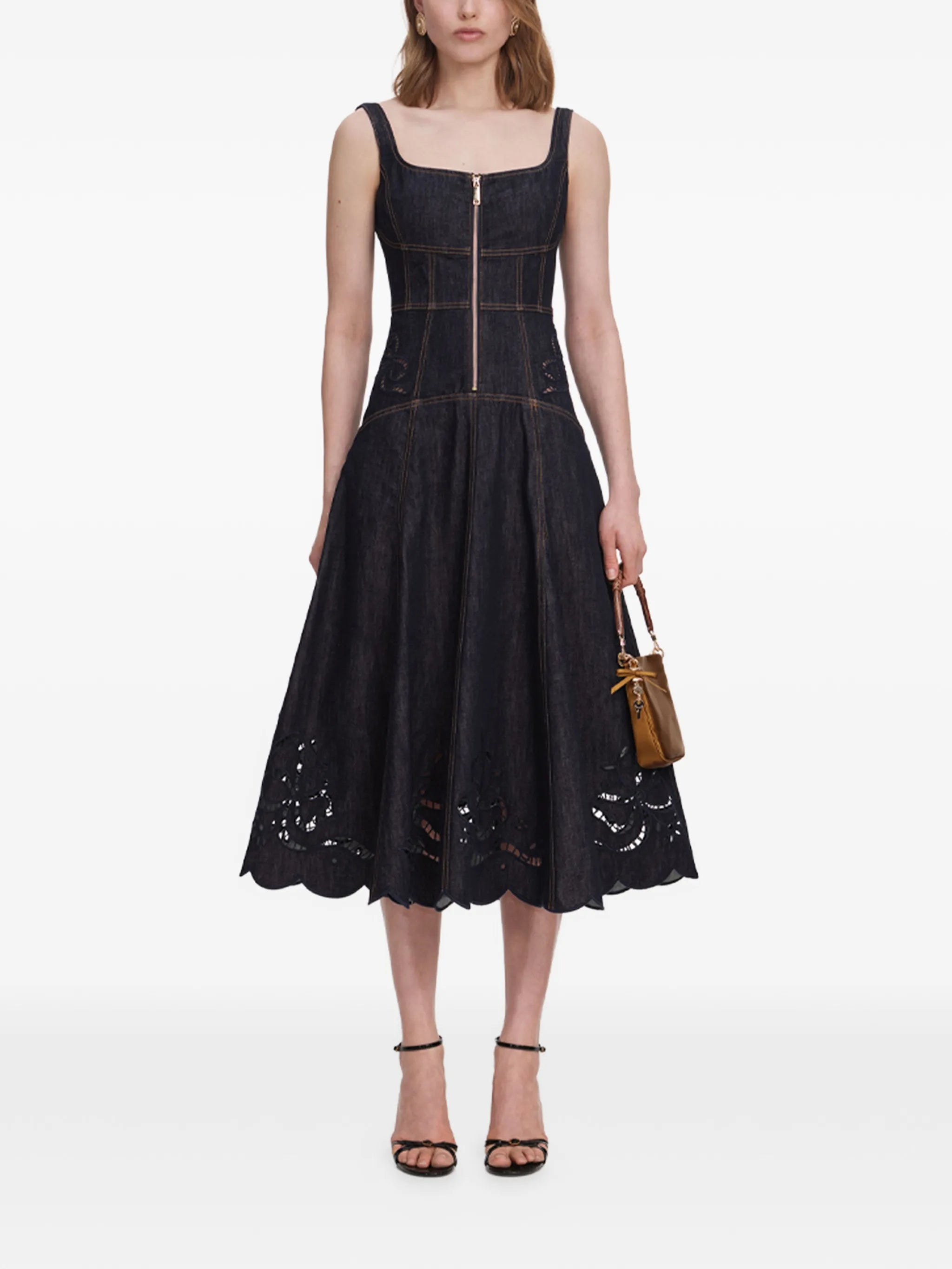 denim bow embroidered midi dress