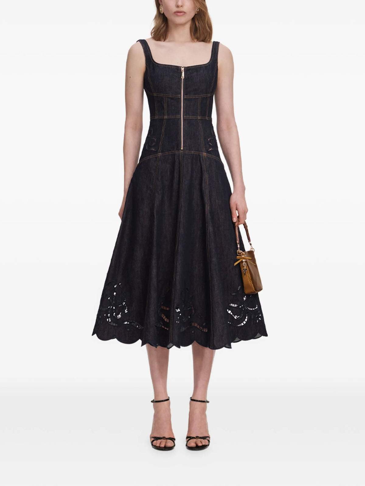 denim bow embroidered midi dress