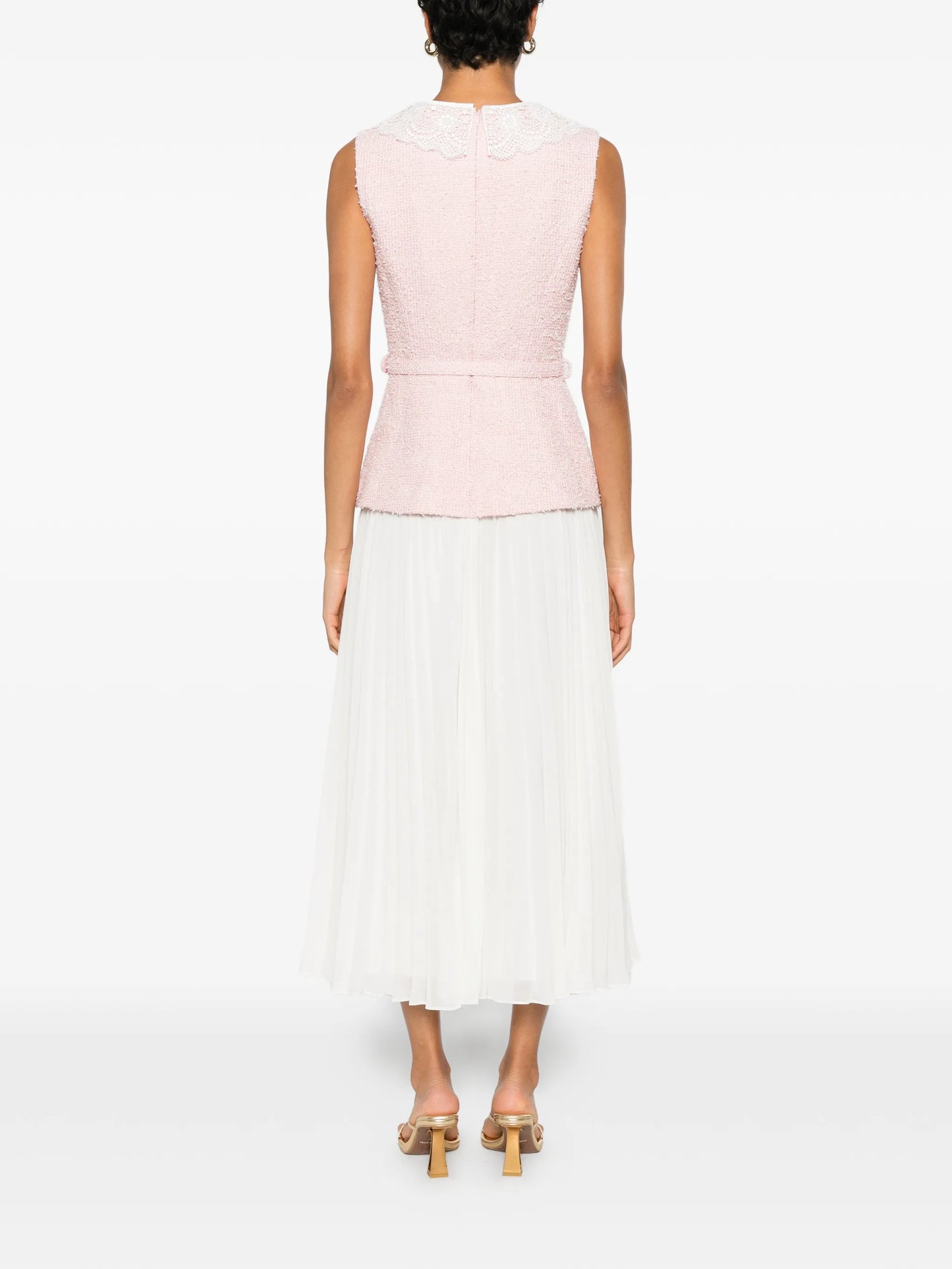 lace-collar bouclé midi dress