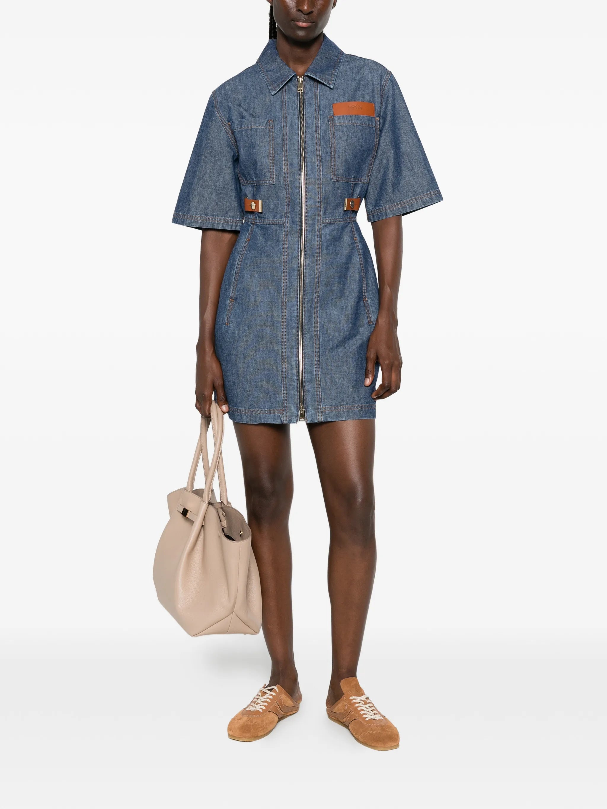 leather-trim zip-up dress