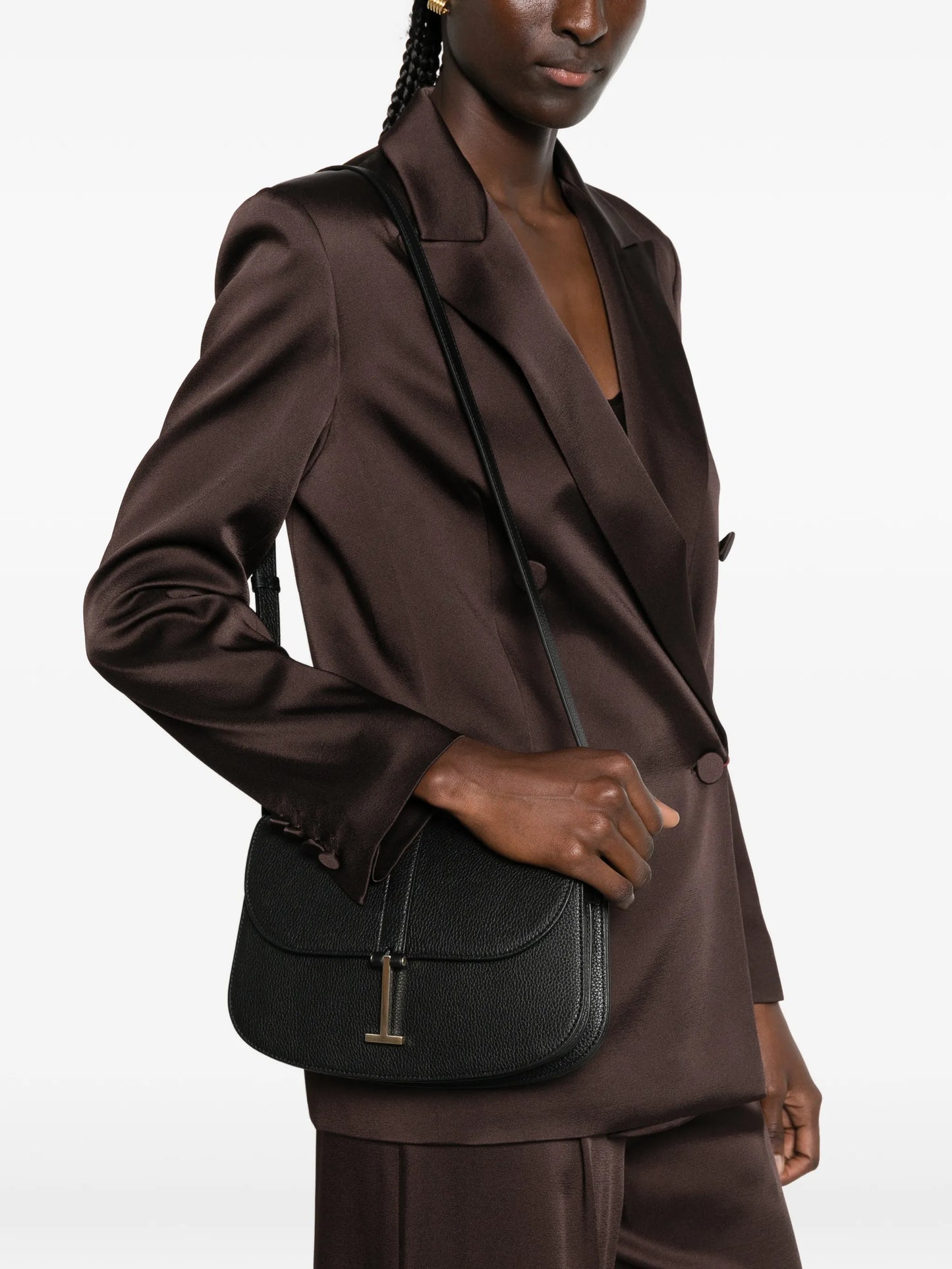 T-clasp grained leather shoulder bag