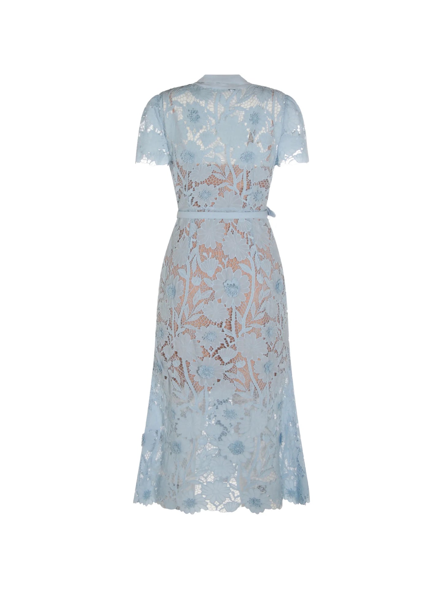 belted floral-lace midi dress