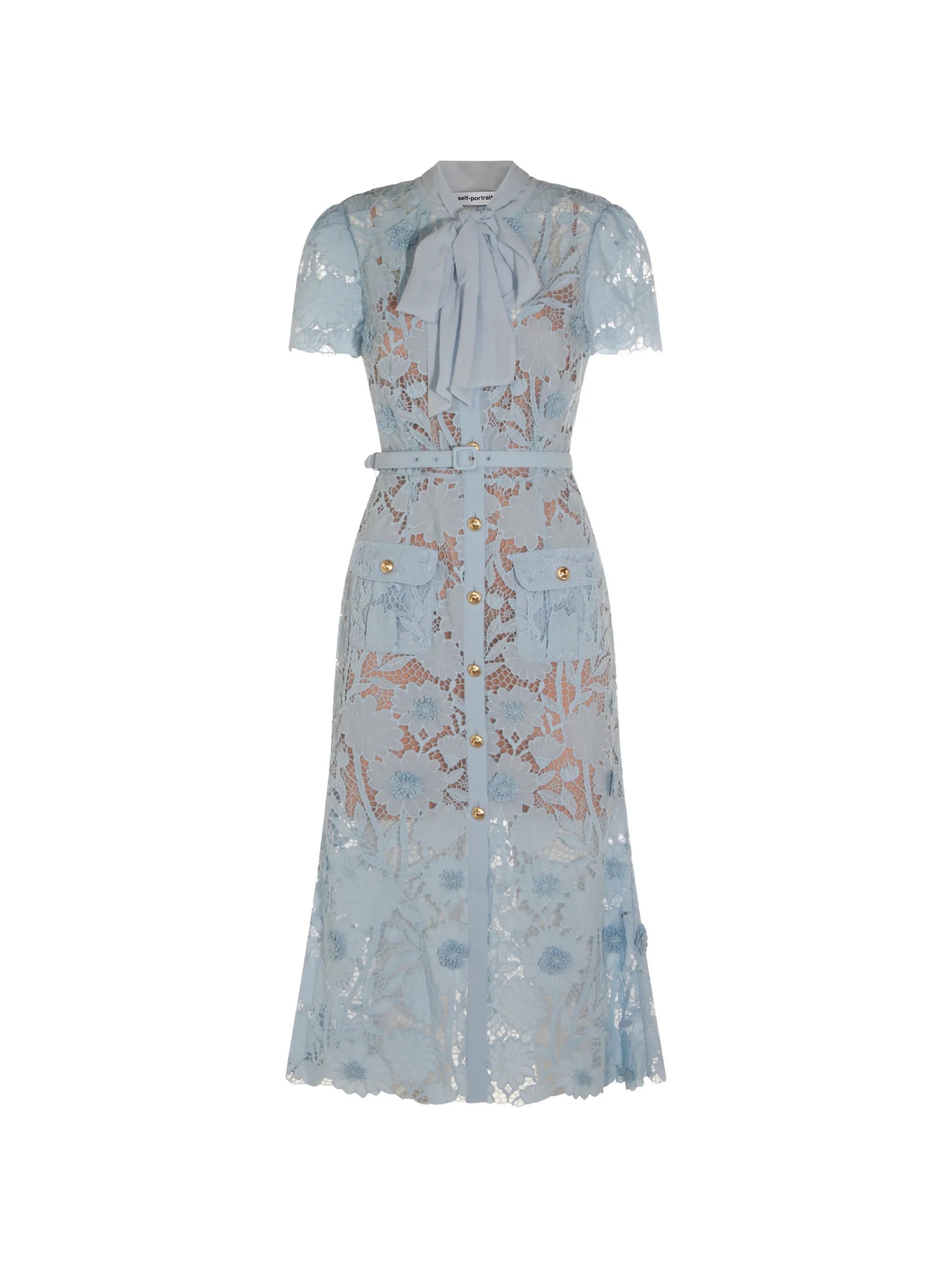 belted floral-lace midi dress