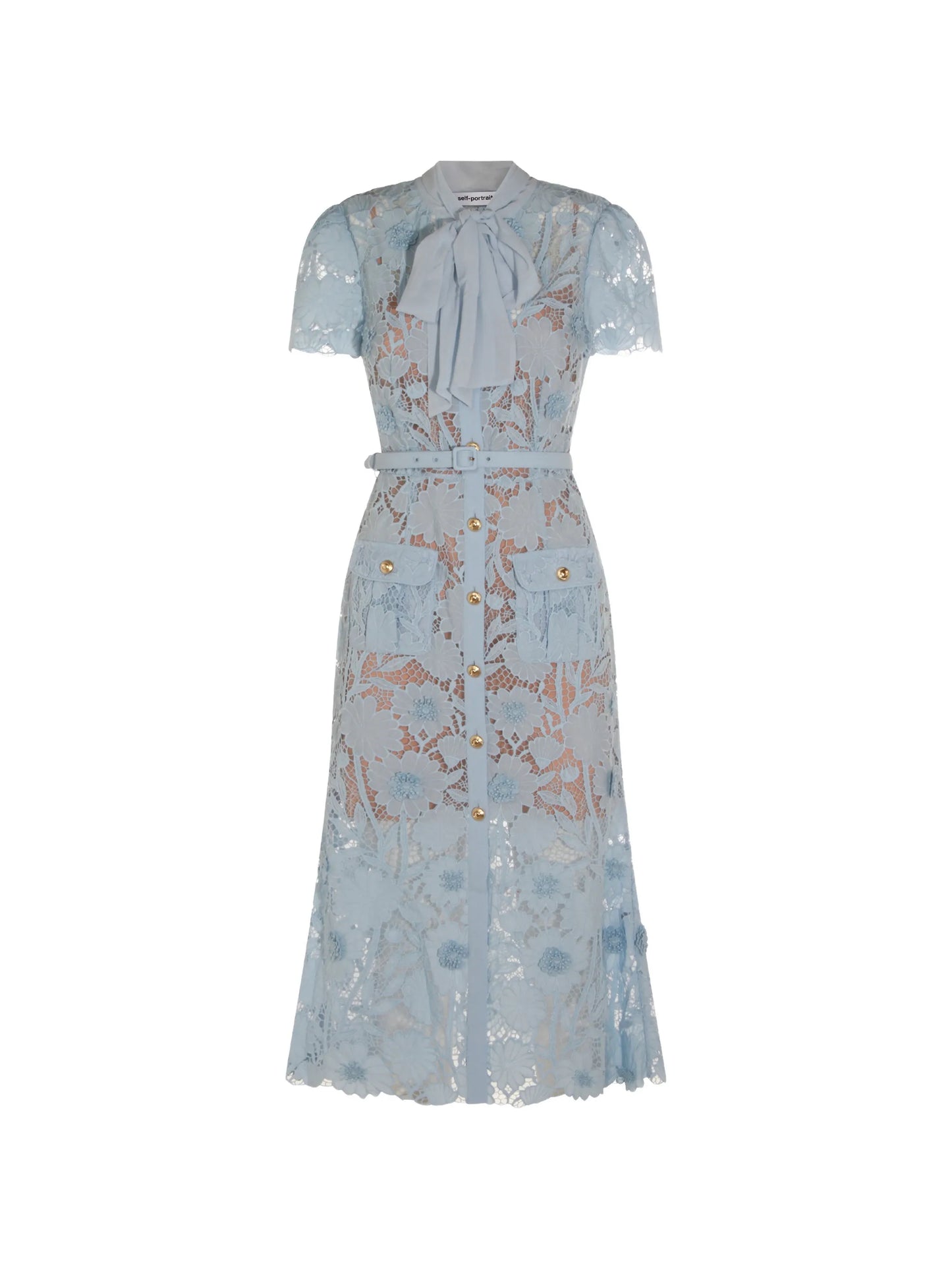 belted floral-lace midi dress
