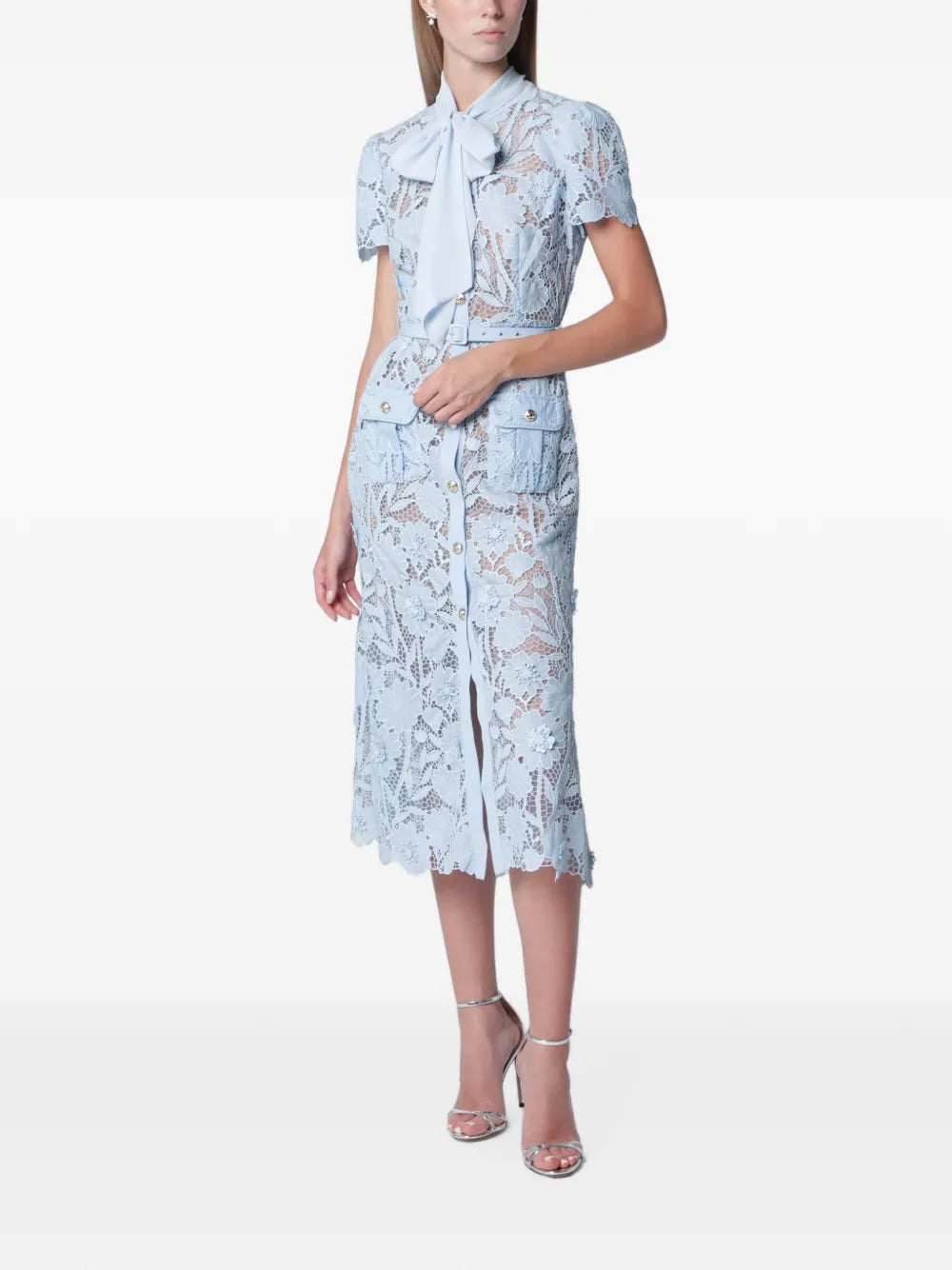 belted floral-lace midi dress