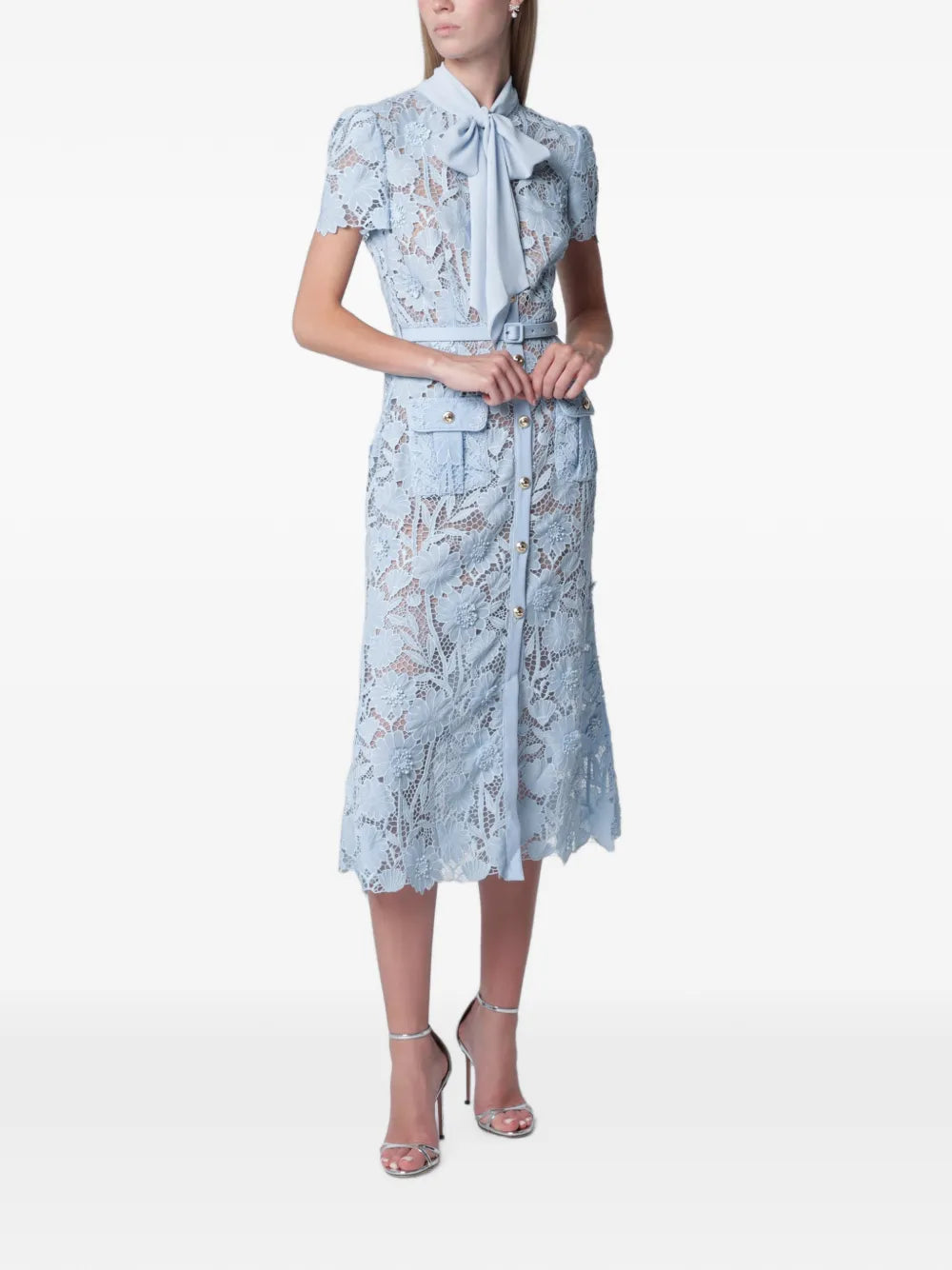 belted floral-lace midi dress