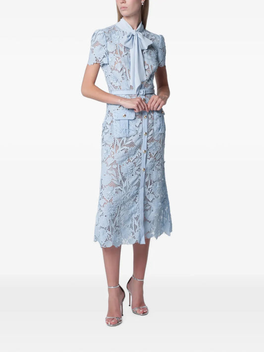 belted floral-lace midi dress