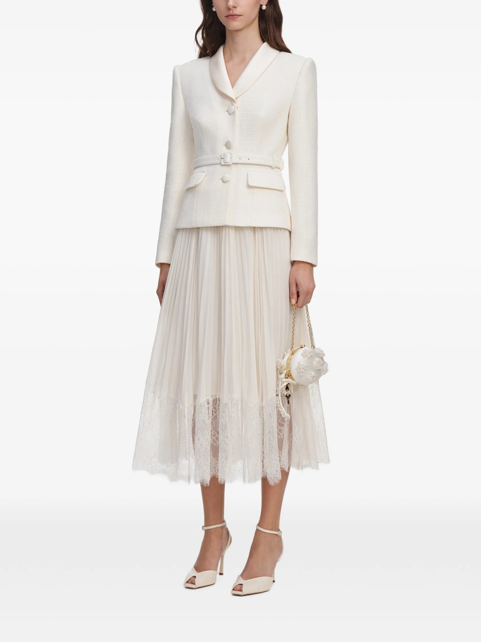 cream bouclé shawl collared midi dress