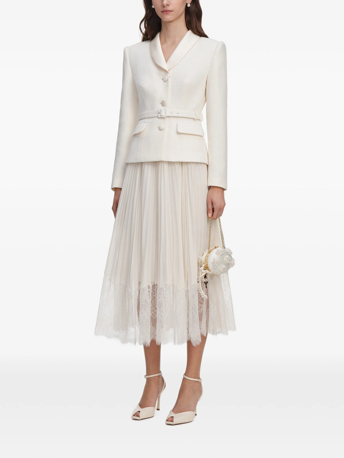 cream bouclé shawl collared midi dress