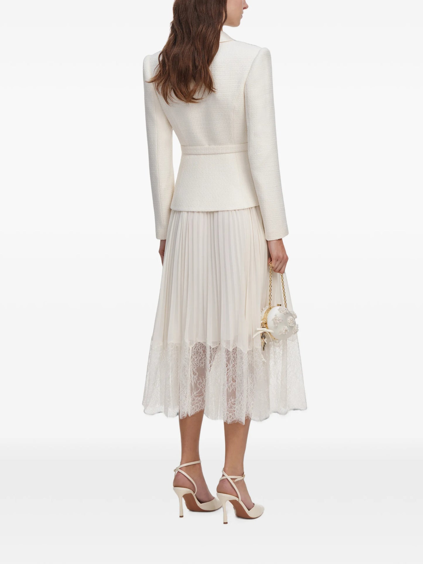 cream bouclé shawl collared midi dress