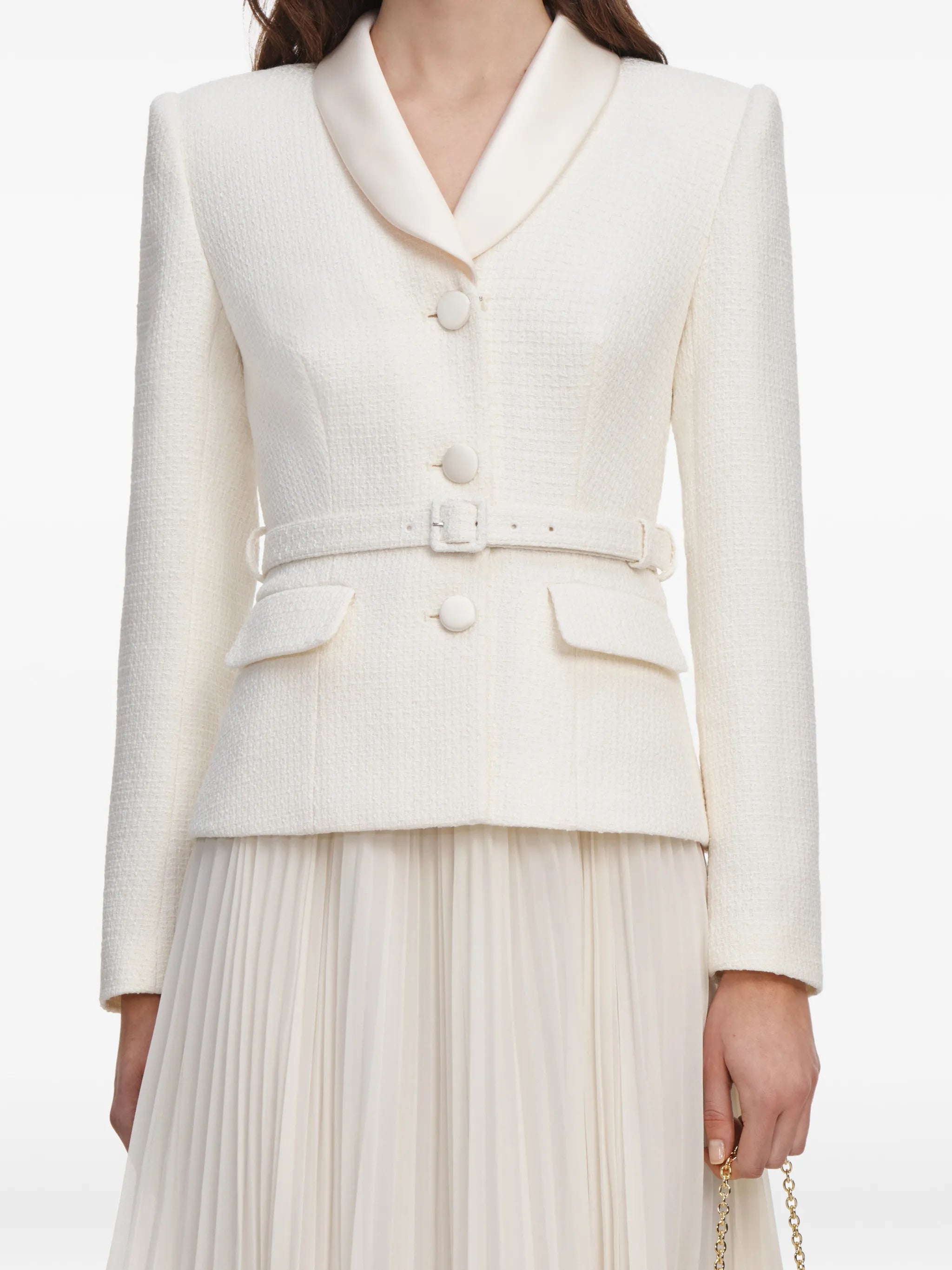 cream bouclé shawl collared midi dress